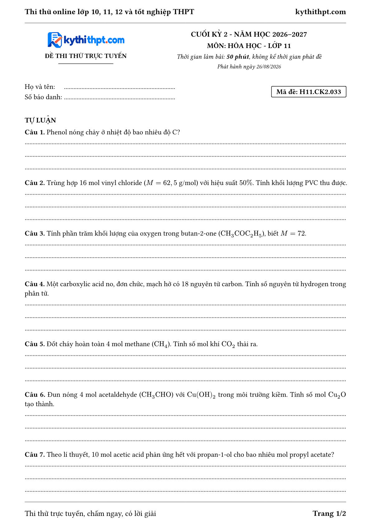Trang đầu Đề thi thử online cuối kỳ 2 môn Hóa học lớp 11 - full tự luận - đề 033