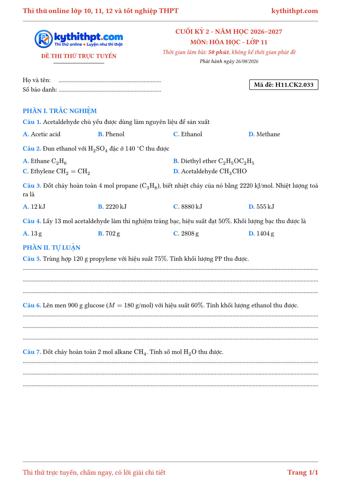 Trang đầu Đề thi thử online cuối kỳ 2 môn Hóa học lớp 11 - trắc nghiệm + tự luận nâng cao - đề 033