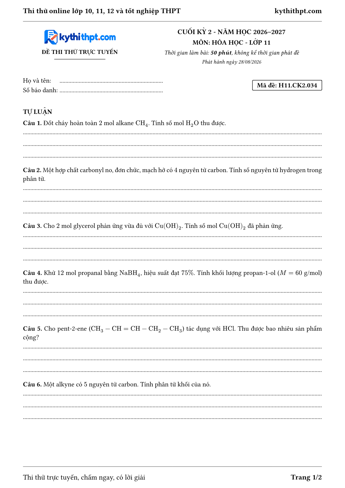 Trang đầu Đề thi thử online cuối kỳ 2 môn Hóa học lớp 11 - full tự luận - đề 034