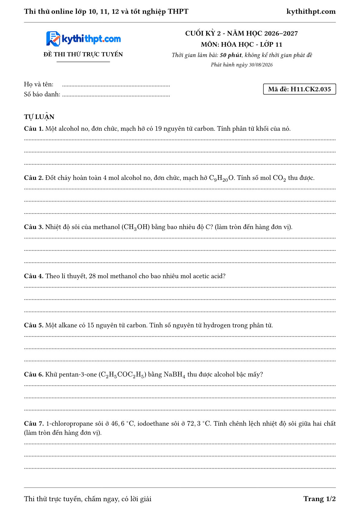 Trang đầu Đề thi thử online cuối kỳ 2 môn Hóa học lớp 11 - full tự luận - đề 035