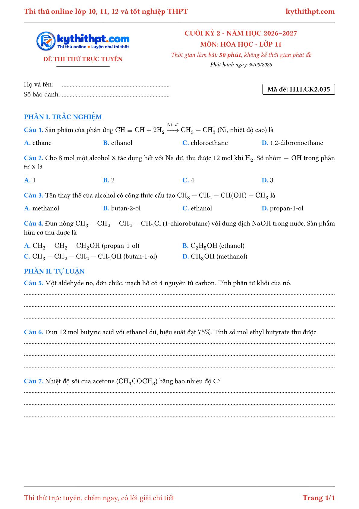 Trang đầu Đề thi thử online cuối kỳ 2 môn Hóa học lớp 11 - trắc nghiệm + tự luận nâng cao - đề 035