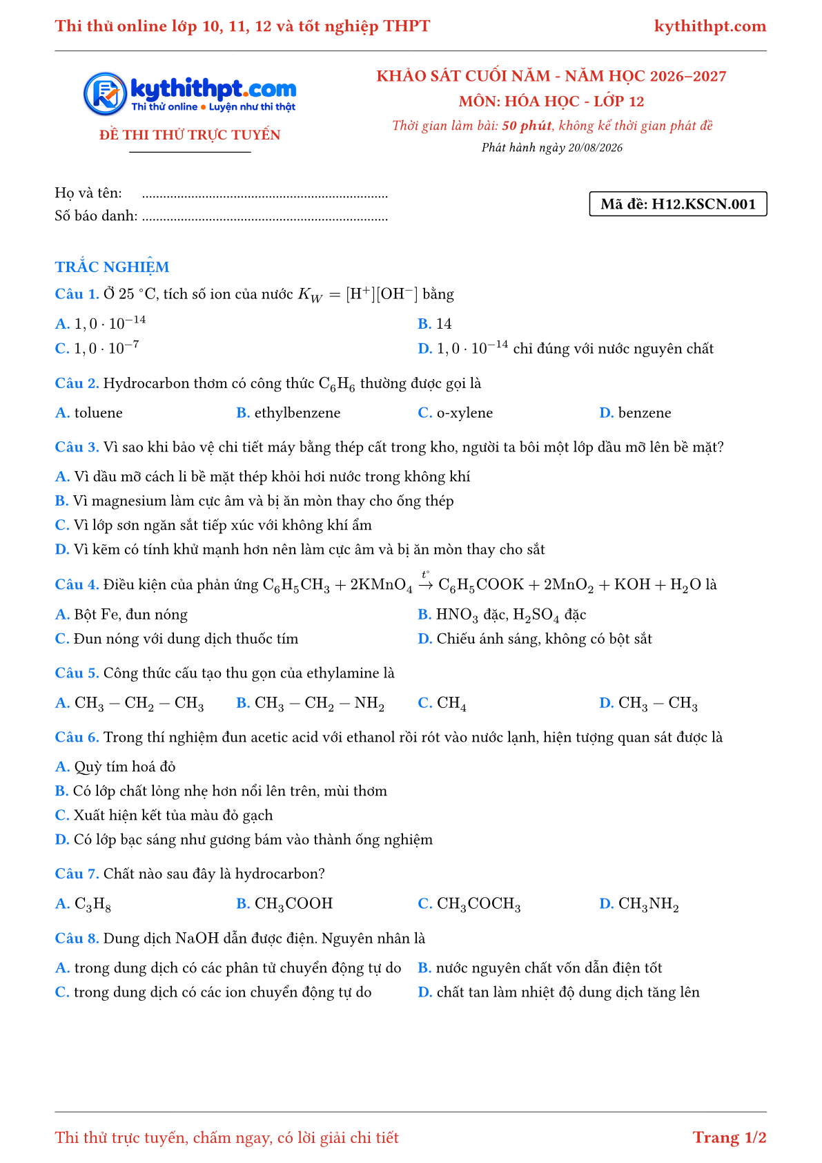Trang đầu Đề thi thử online khảo sát cuối năm môn Hóa học lớp 12 - chuẩn cấu trúc tốt nghiệp - đề 001