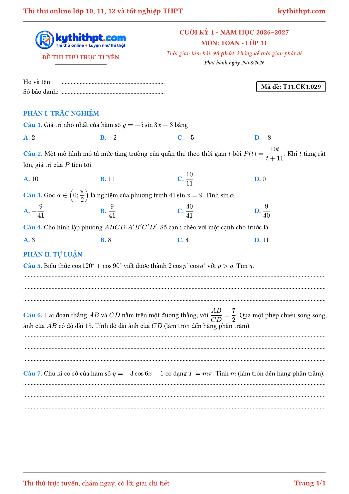 Trang đầu Đề thi thử online cuối kỳ 1 môn Toán lớp 11 - trắc nghiệm + tự luận nâng cao - đề 029
