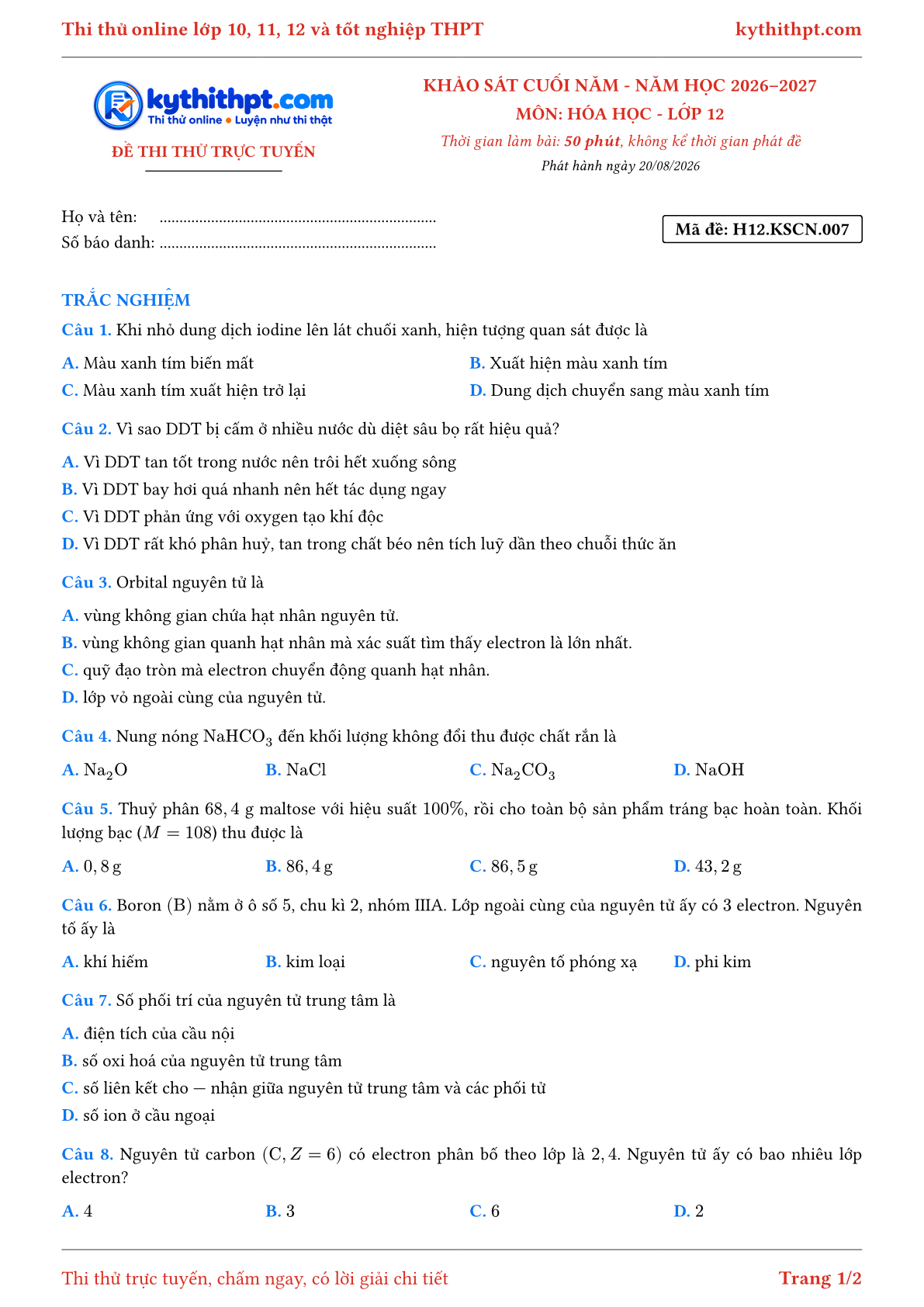 Trang đầu Đề thi thử online khảo sát cuối năm môn Hóa học lớp 12 - full trắc nghiệm - đề 007