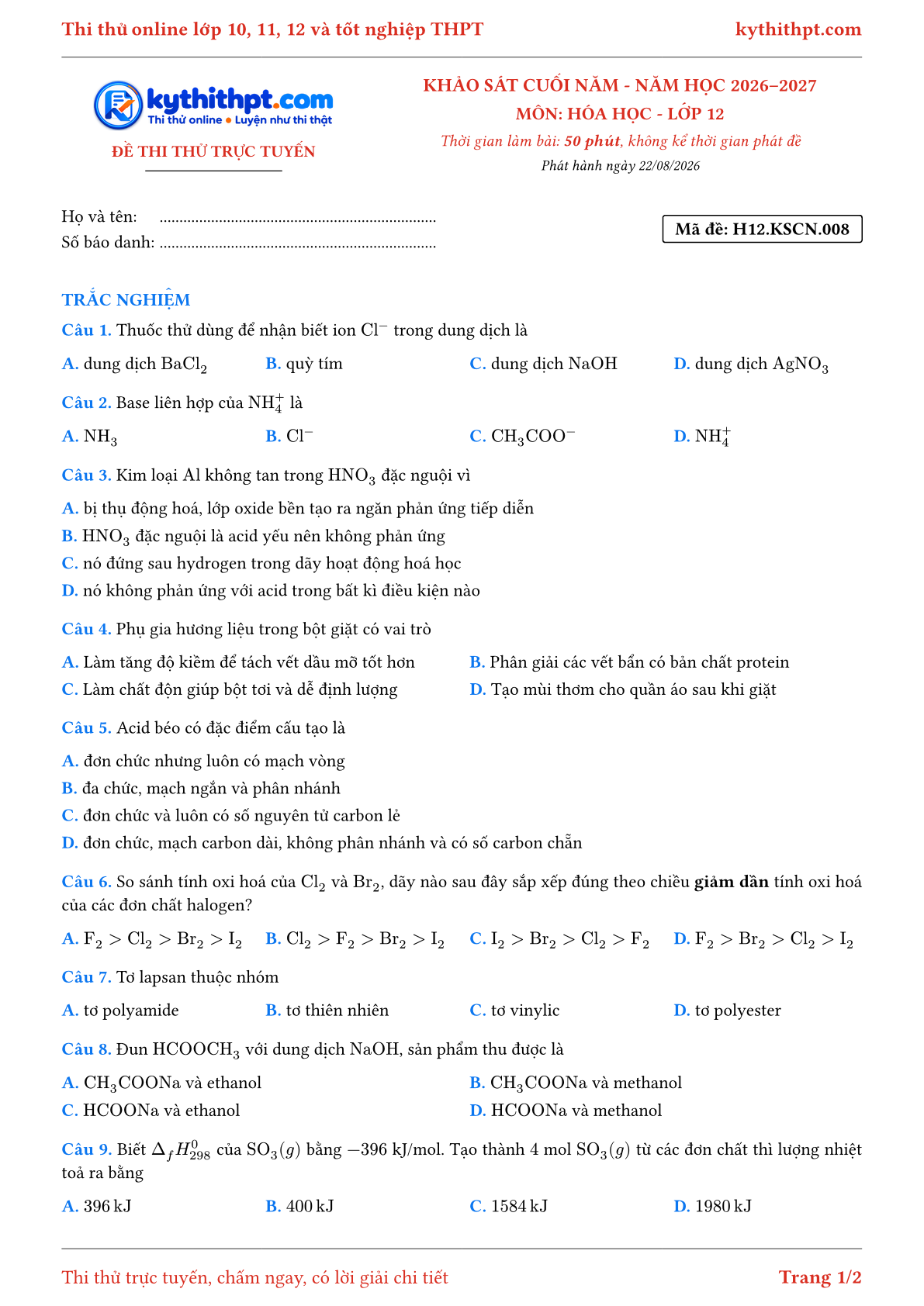Trang đầu Đề thi thử online khảo sát cuối năm môn Hóa học lớp 12 - full trắc nghiệm - đề 008