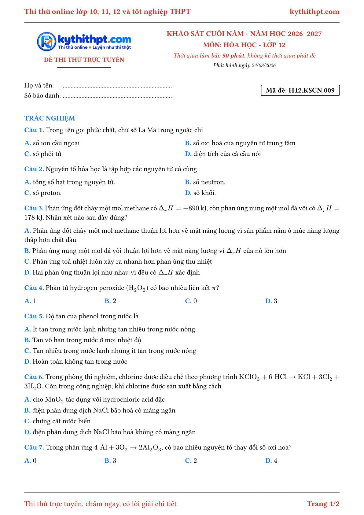Trang đầu Đề thi thử online khảo sát cuối năm môn Hóa học lớp 12 - full trắc nghiệm - đề 009