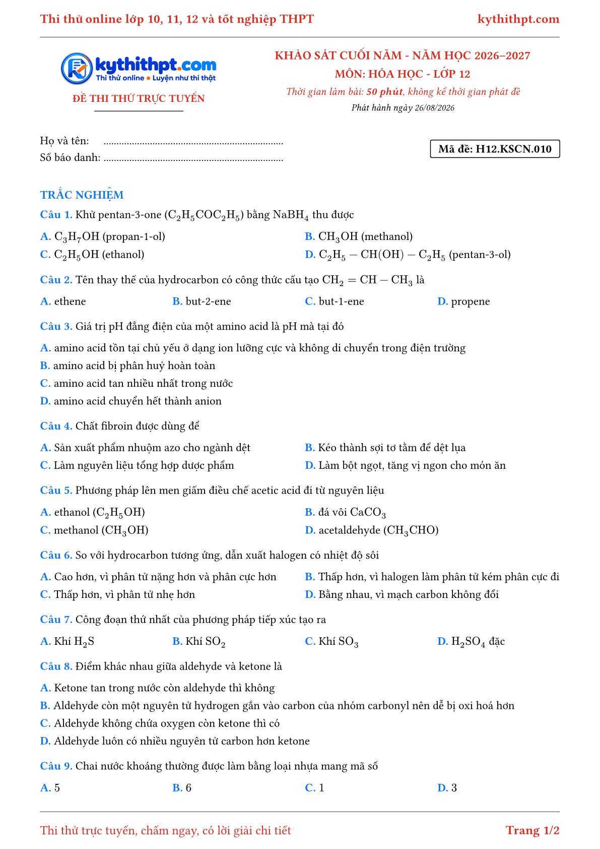Trang đầu Đề thi thử online khảo sát cuối năm môn Hóa học lớp 12 - full trắc nghiệm - đề 010