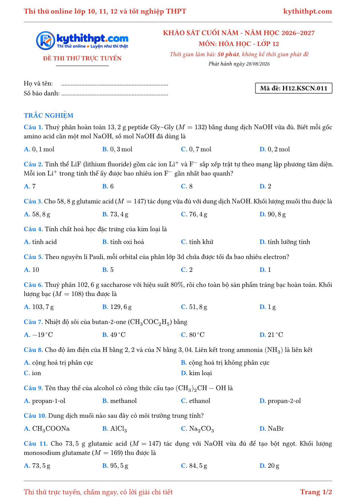 Trang đầu Đề thi thử online khảo sát cuối năm môn Hóa học lớp 12 - full trắc nghiệm - đề 011