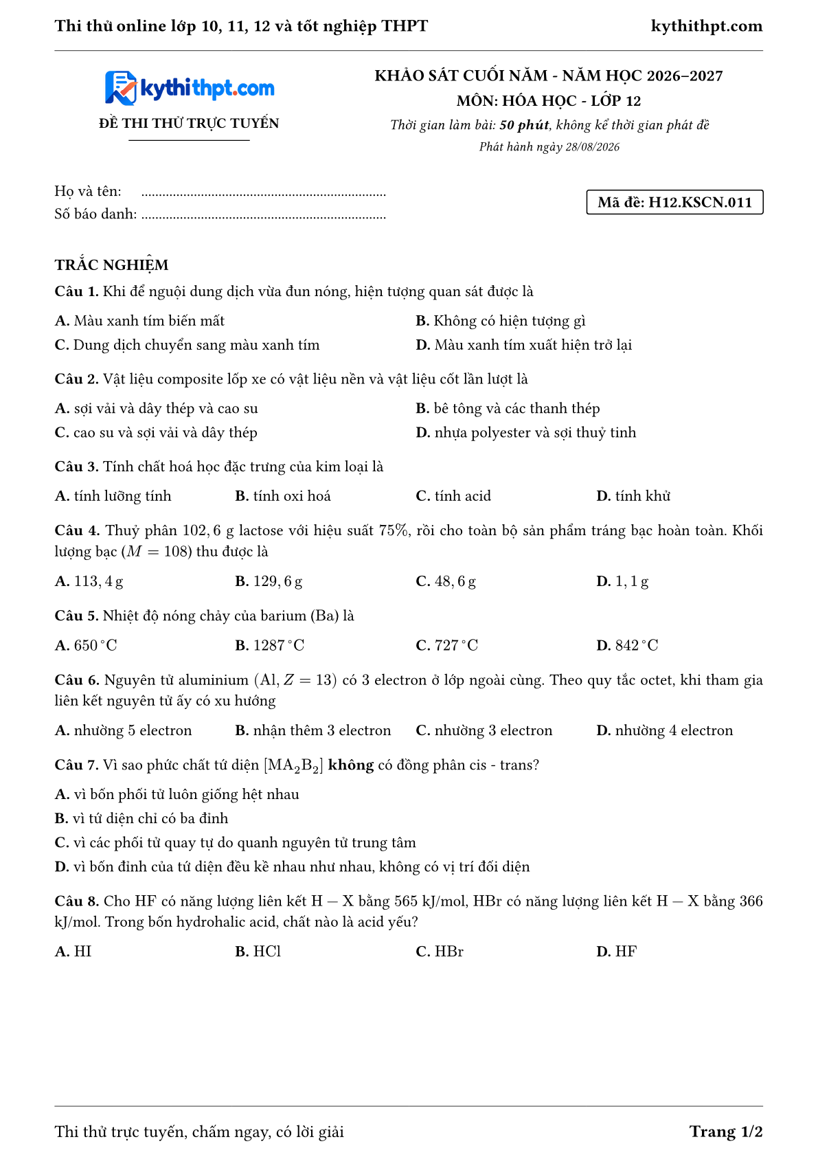 Trang đầu Đề thi thử online khảo sát cuối năm môn Hóa học lớp 12 - full trắc nghiệm - đề 011