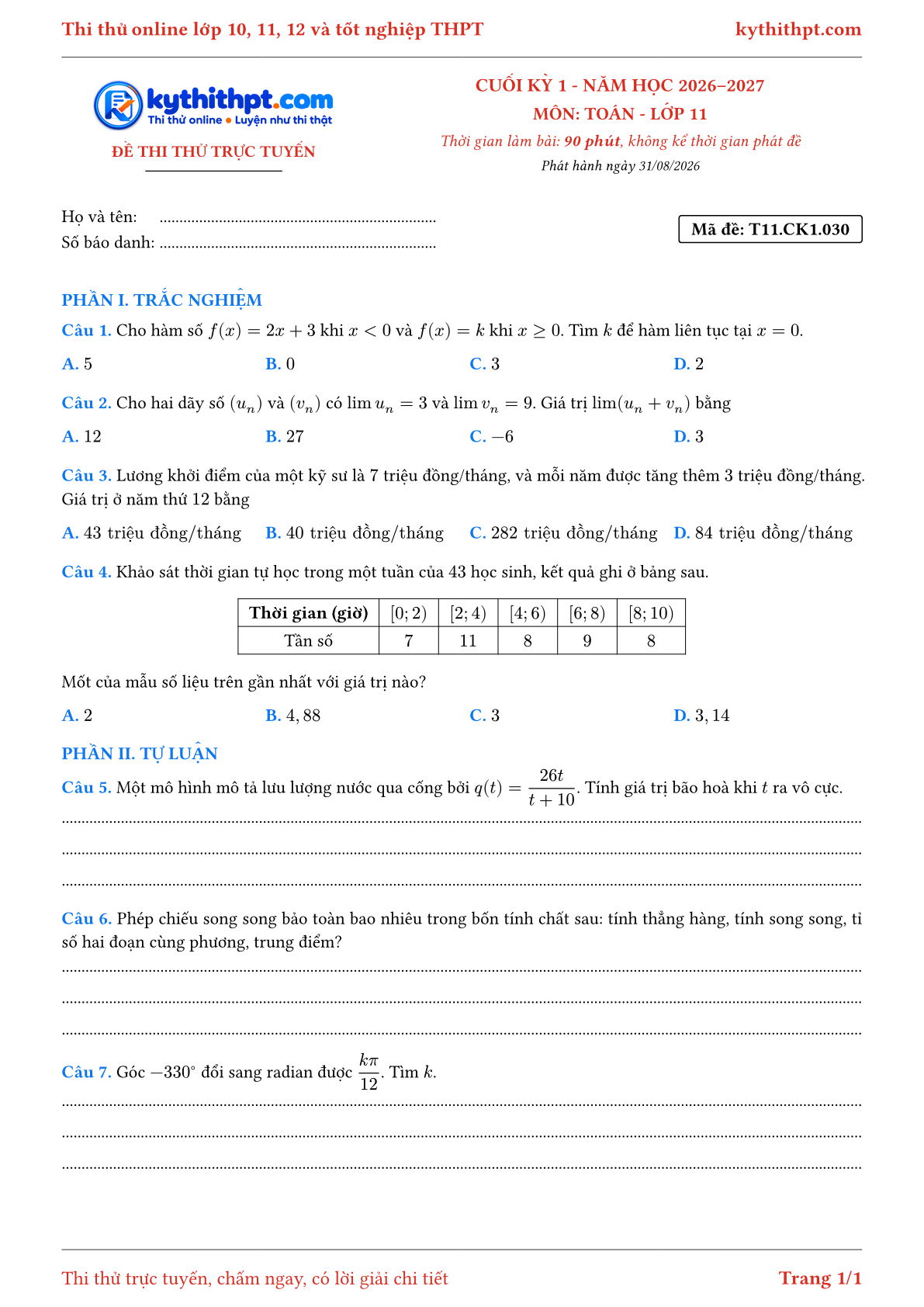 Trang đầu Đề thi thử online cuối kỳ 1 môn Toán lớp 11 - trắc nghiệm + tự luận nâng cao - đề 030