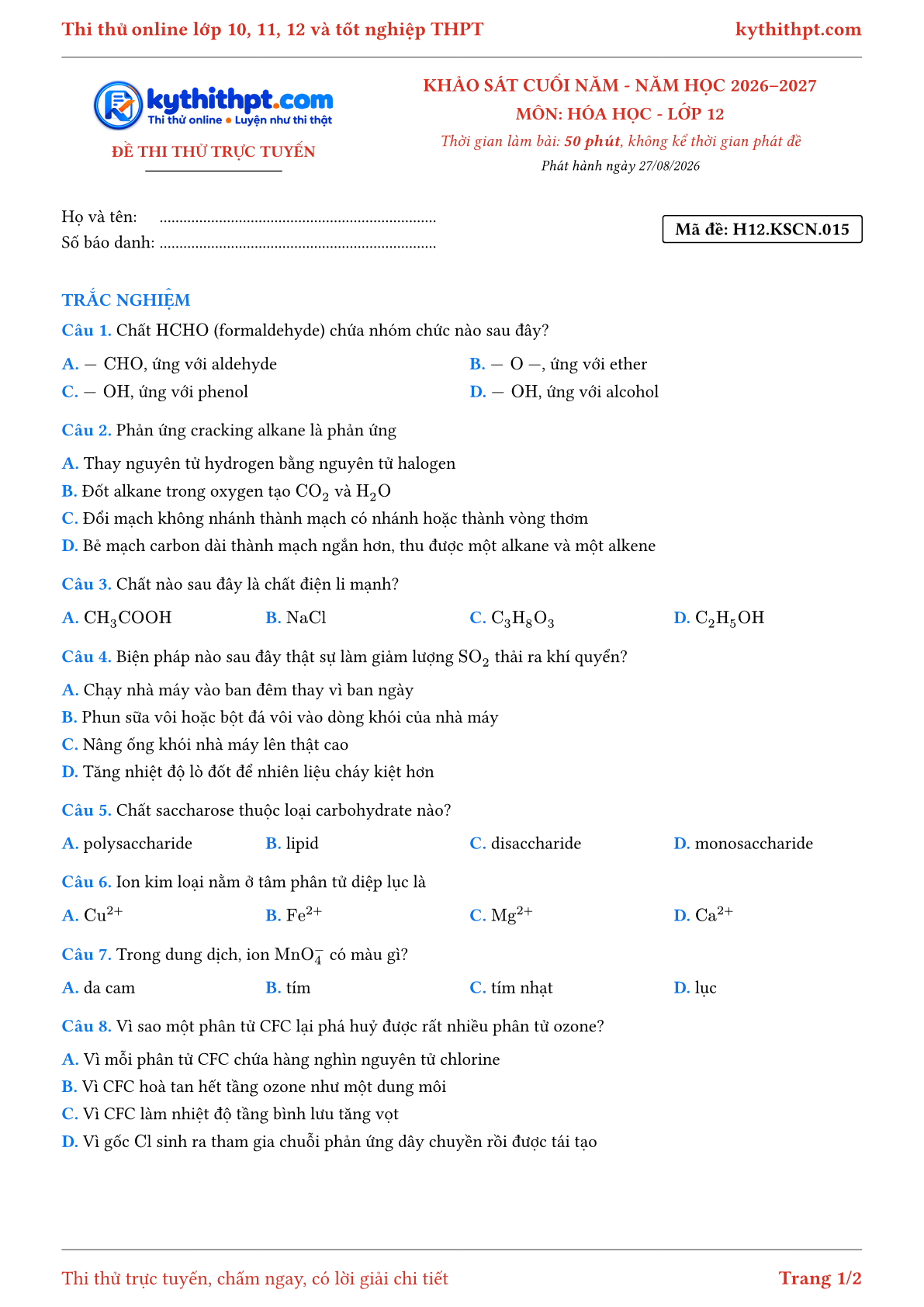 Trang đầu Đề thi thử online khảo sát cuối năm môn Hóa học lớp 12 - trắc nghiệm + trả lời ngắn - đề 015