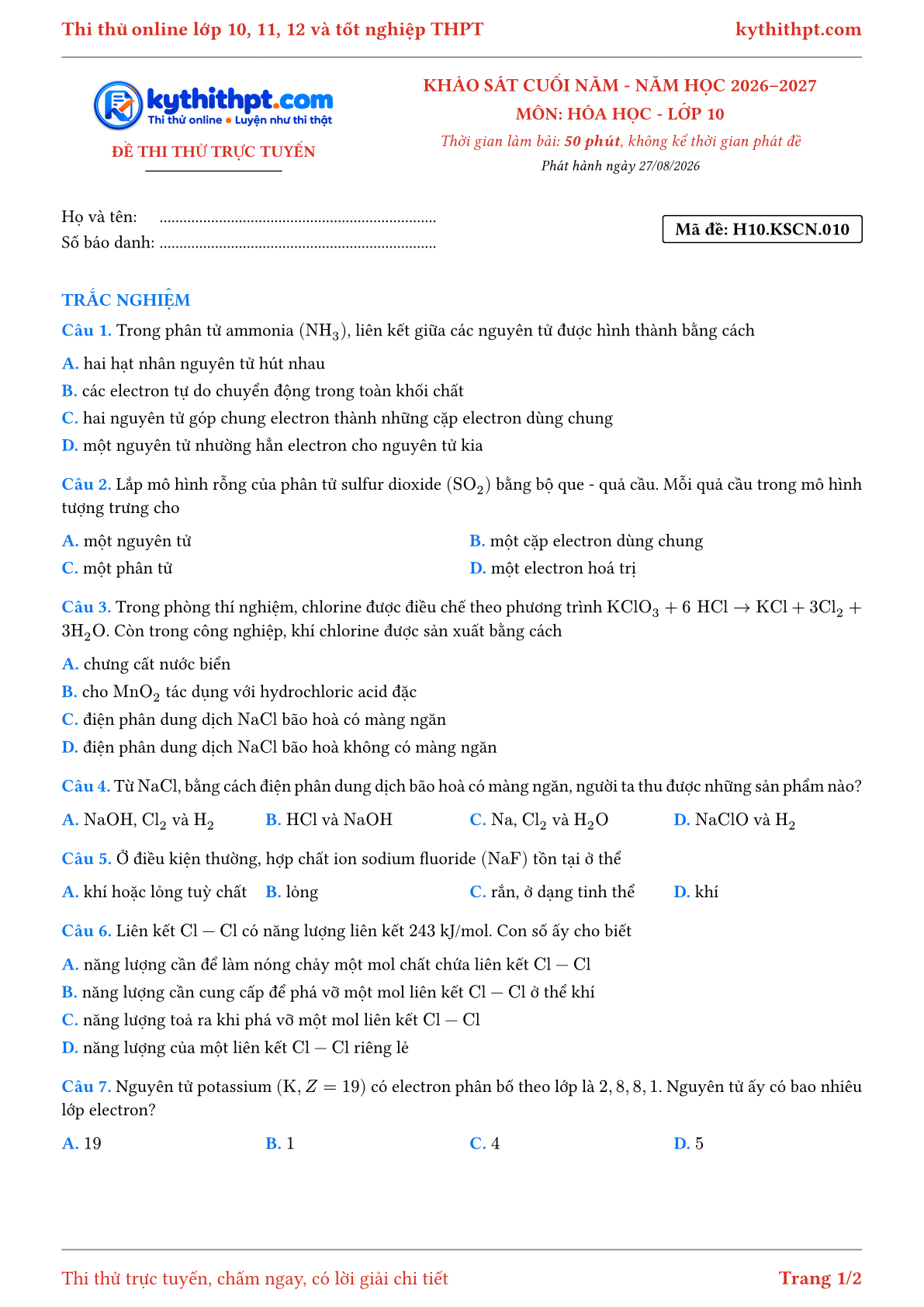 Trang đầu Đề thi thử online khảo sát cuối năm môn Hóa học lớp 10 - full trắc nghiệm - đề 010
