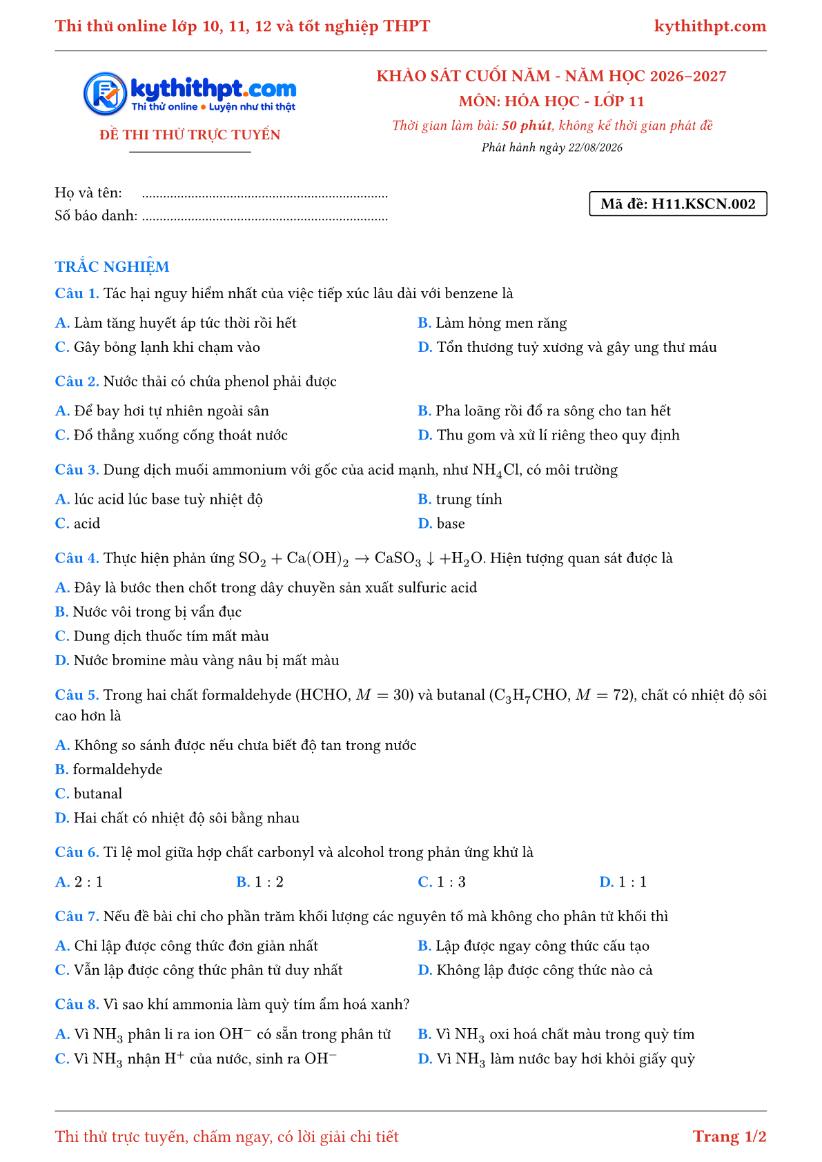 Trang đầu Đề thi thử online khảo sát cuối năm môn Hóa học lớp 11 - chuẩn cấu trúc tốt nghiệp - đề 002