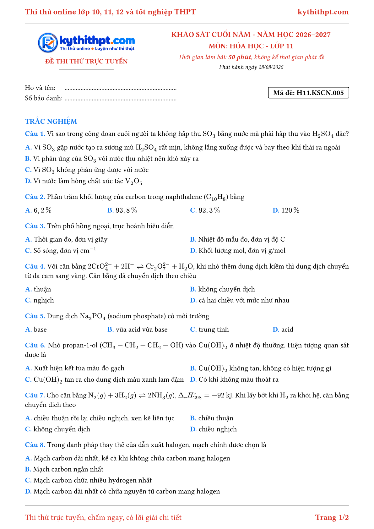 Trang đầu Đề thi thử online khảo sát cuối năm môn Hóa học lớp 11 - chuẩn cấu trúc tốt nghiệp - đề 005