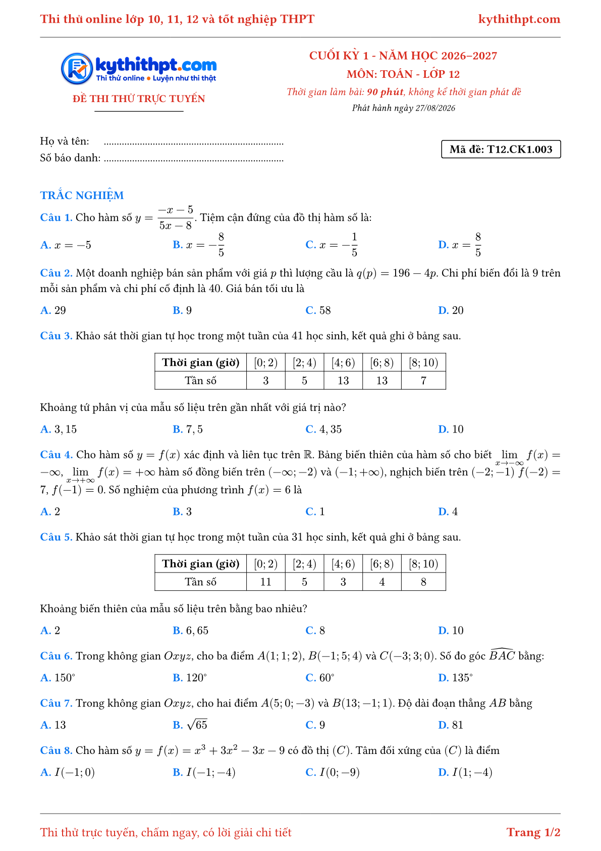 Trang đầu Đề thi thử online cuối kỳ 1 môn Toán lớp 12 - full trắc nghiệm - đề 003