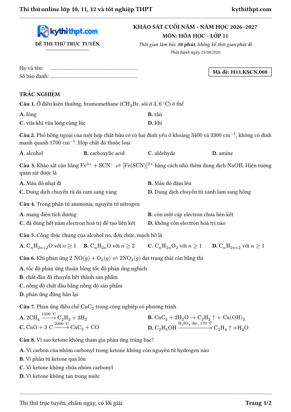 Trang đầu Đề thi thử online khảo sát cuối năm môn Hóa học lớp 11 - full trắc nghiệm - đề 008