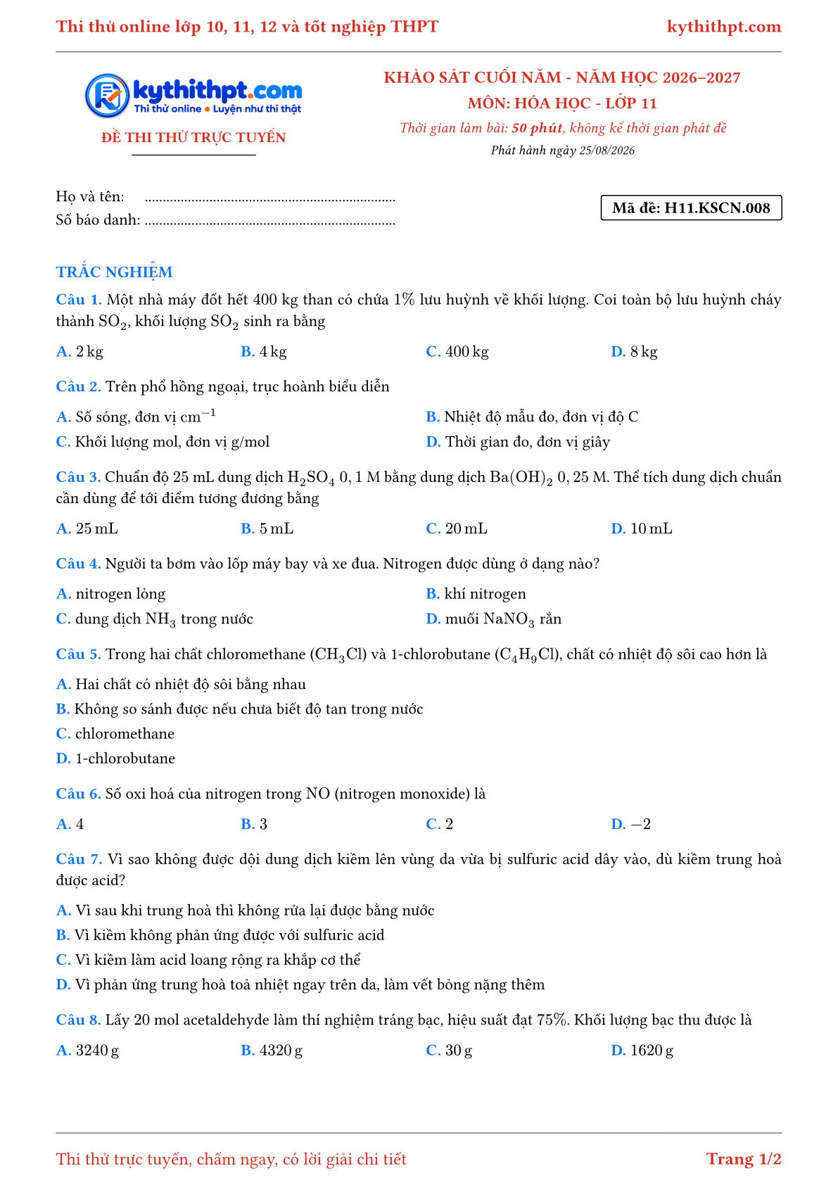 Trang đầu Đề thi thử online khảo sát cuối năm môn Hóa học lớp 11 - full trắc nghiệm - đề 008
