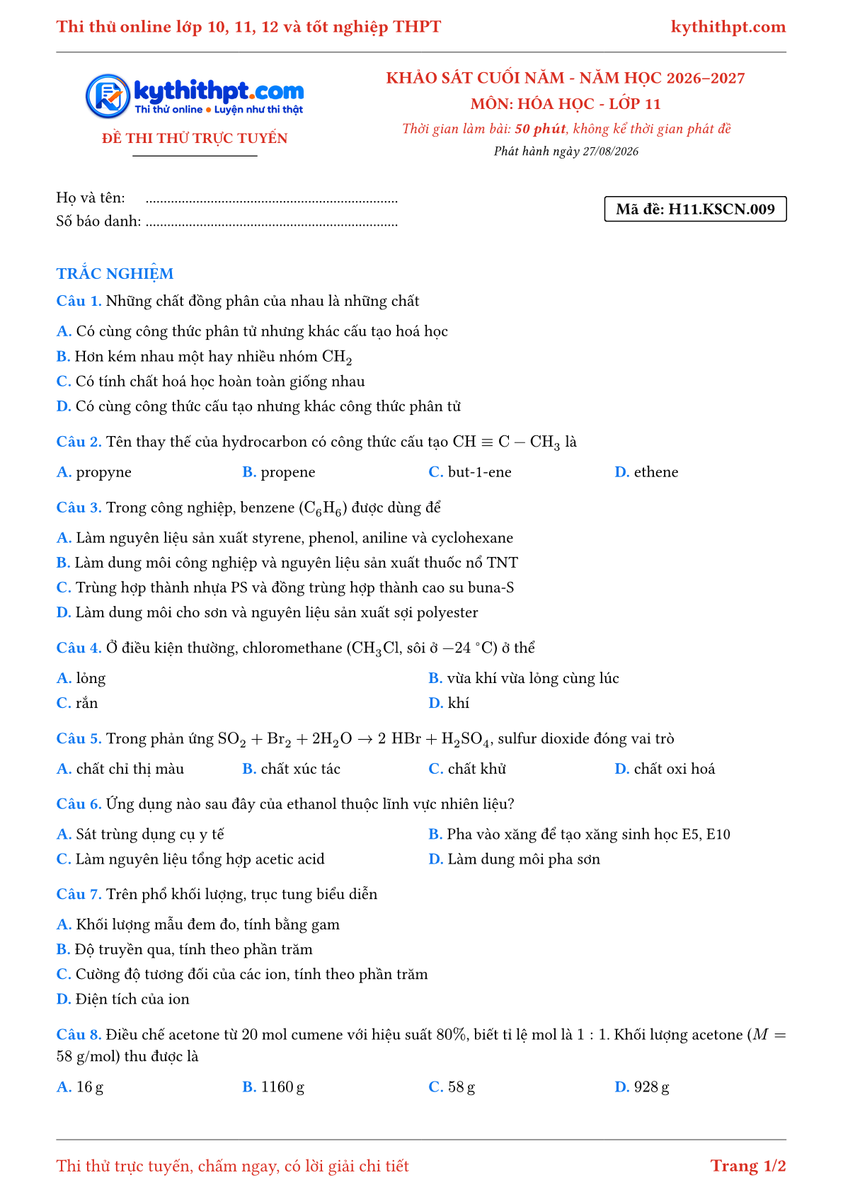 Trang đầu Đề thi thử online khảo sát cuối năm môn Hóa học lớp 11 - full trắc nghiệm - đề 009