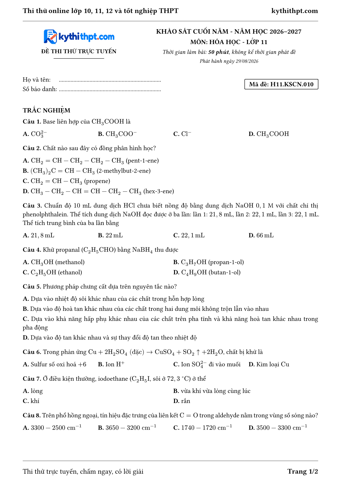 Trang đầu Đề thi thử online khảo sát cuối năm môn Hóa học lớp 11 - full trắc nghiệm - đề 010