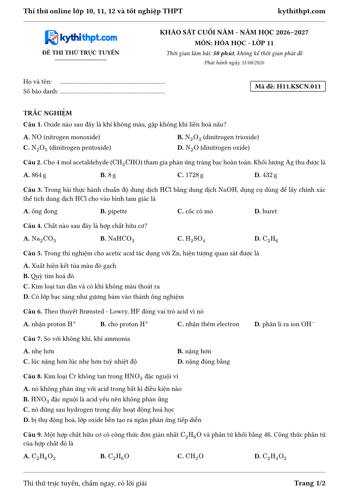 Trang đầu Đề thi thử online khảo sát cuối năm môn Hóa học lớp 11 - full trắc nghiệm - đề 011