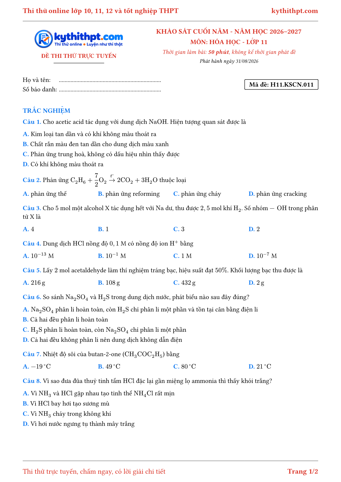 Trang đầu Đề thi thử online khảo sát cuối năm môn Hóa học lớp 11 - full trắc nghiệm - đề 011