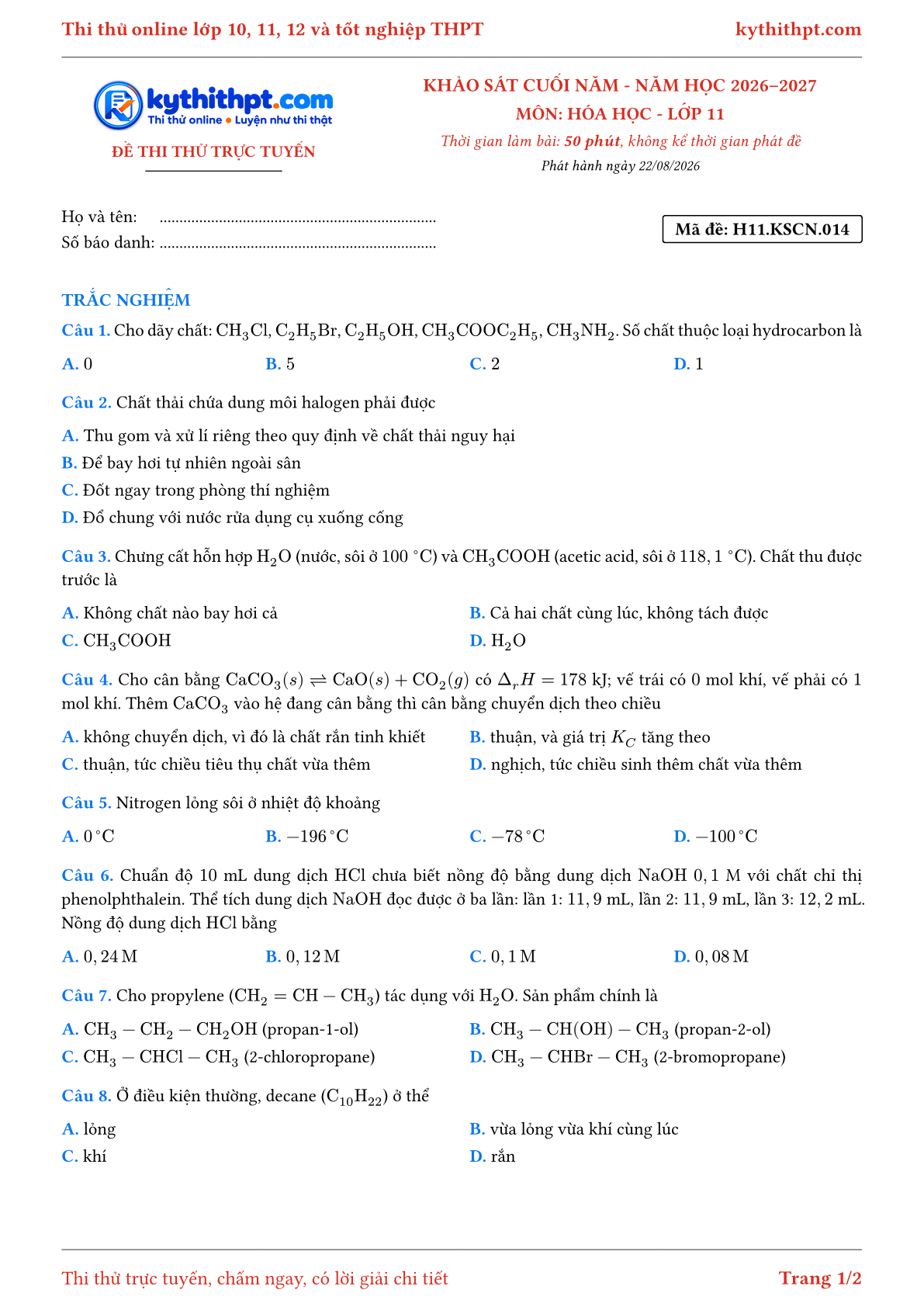 Trang đầu Đề thi thử online khảo sát cuối năm môn Hóa học lớp 11 - trắc nghiệm + trả lời ngắn - đề 014