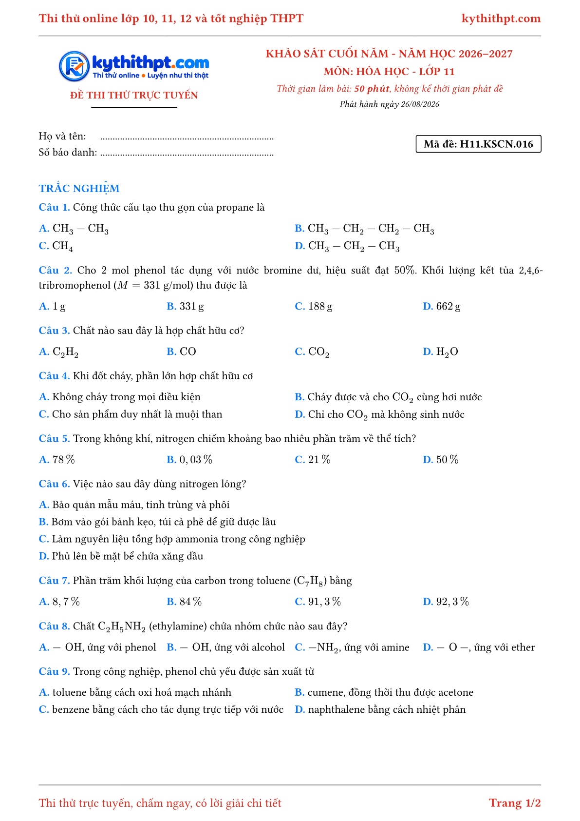 Trang đầu Đề thi thử online khảo sát cuối năm môn Hóa học lớp 11 - trắc nghiệm + trả lời ngắn - đề 016