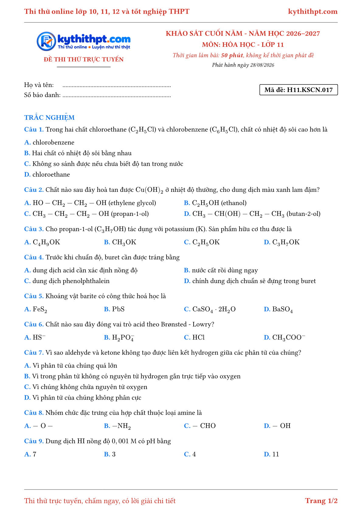 Trang đầu Đề thi thử online khảo sát cuối năm môn Hóa học lớp 11 - trắc nghiệm + trả lời ngắn - đề 017