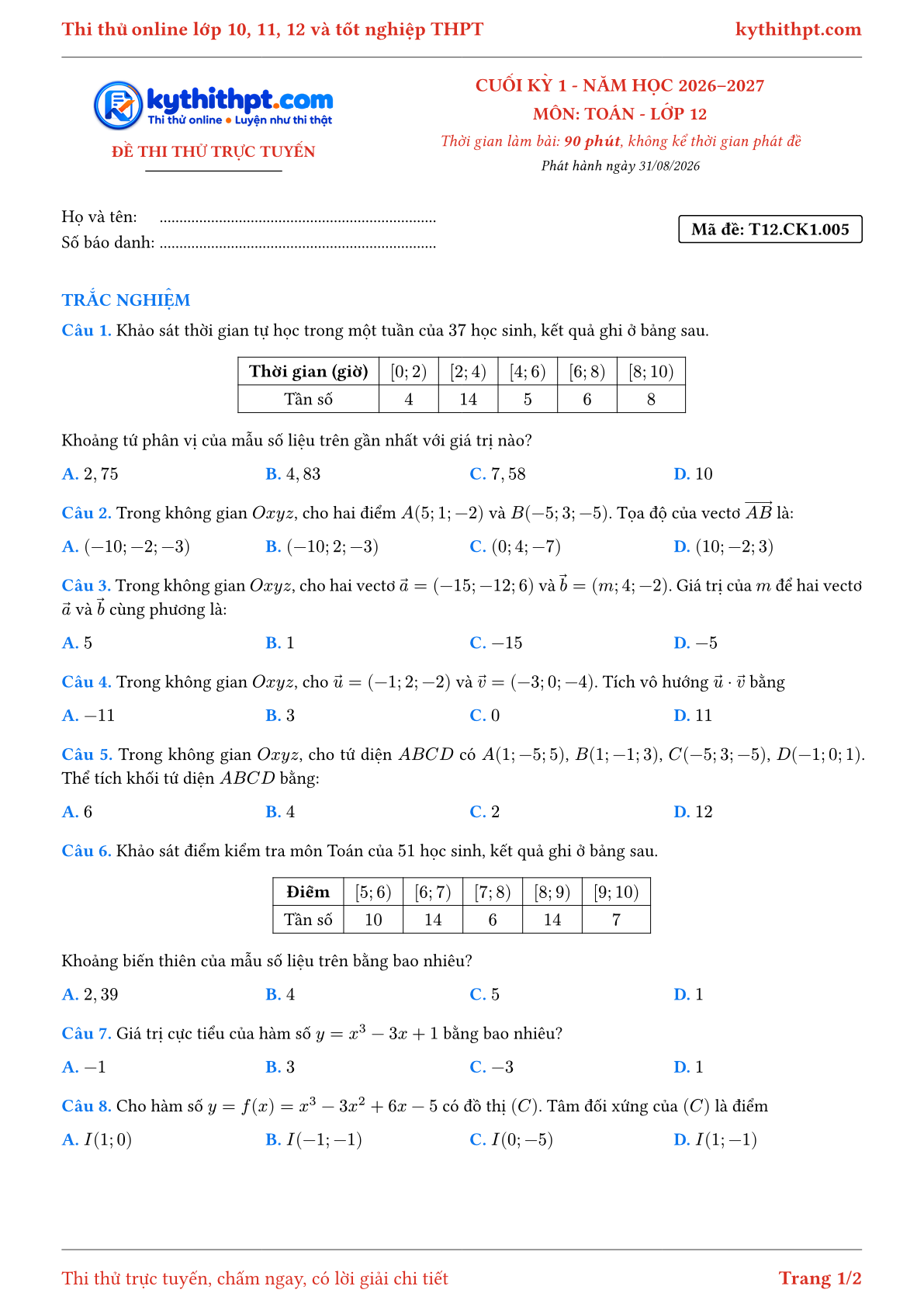 Trang đầu Đề thi thử online cuối kỳ 1 môn Toán lớp 12 - full trắc nghiệm - đề 005