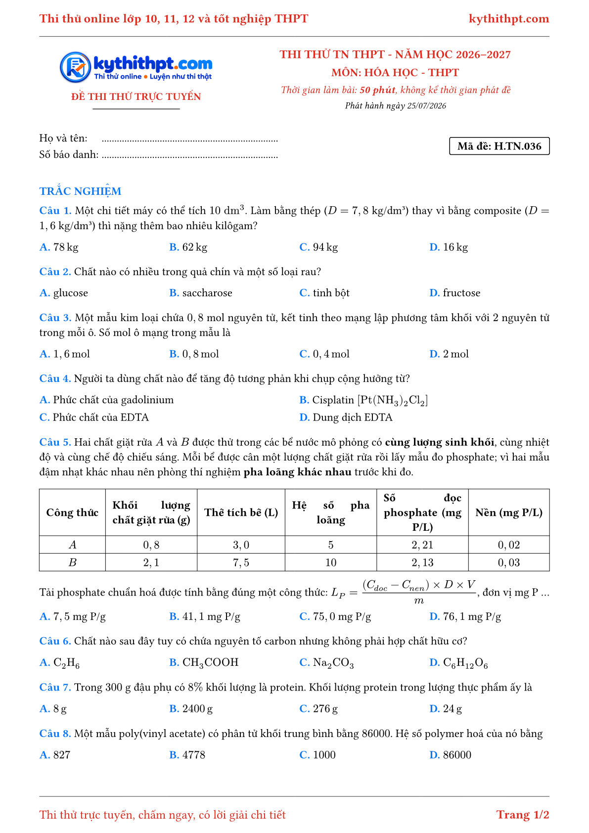 Trang đầu Đề thi thử online tốt nghiệp THPT môn Hóa học - đề ôn 9+ · chuẩn cấu trúc tốt nghiệp - đề 036
