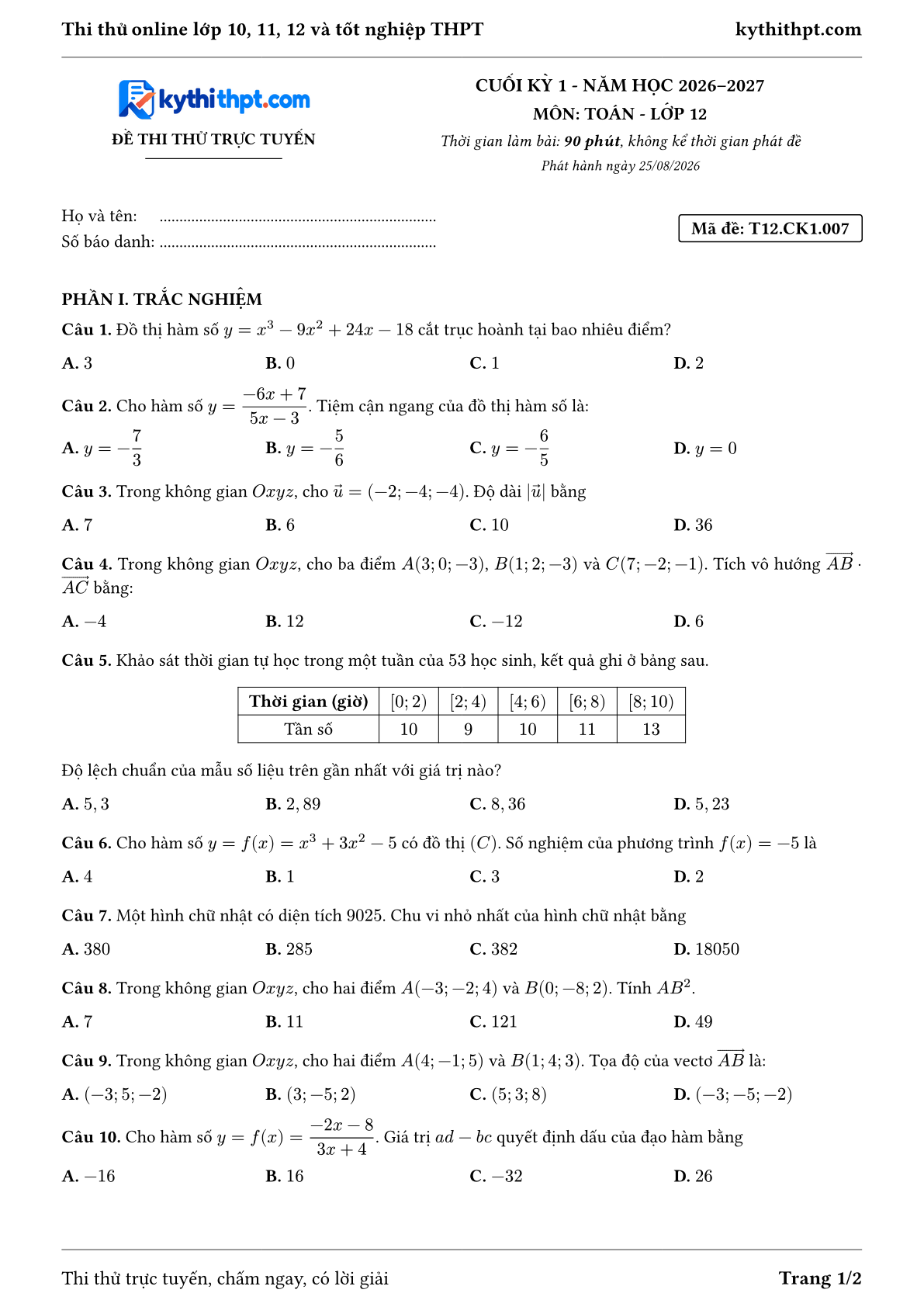 Trang đầu Đề thi thử online cuối kỳ 1 môn Toán lớp 12 - trắc nghiệm + trả lời ngắn + tự luận - đề 007