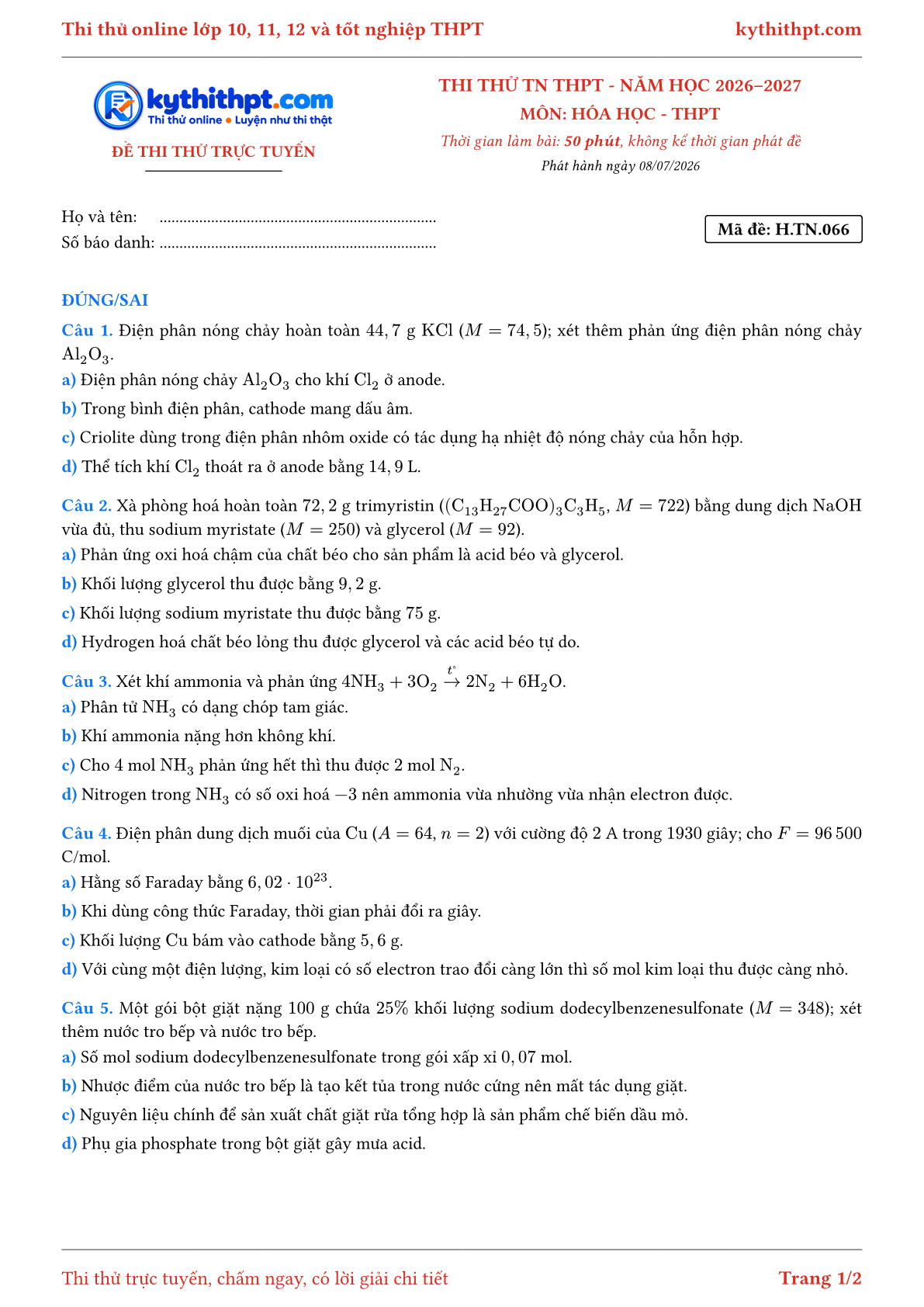 Trang đầu Đề thi thử online tốt nghiệp THPT môn Hóa học - ôn luyện đúng/sai - đề 066