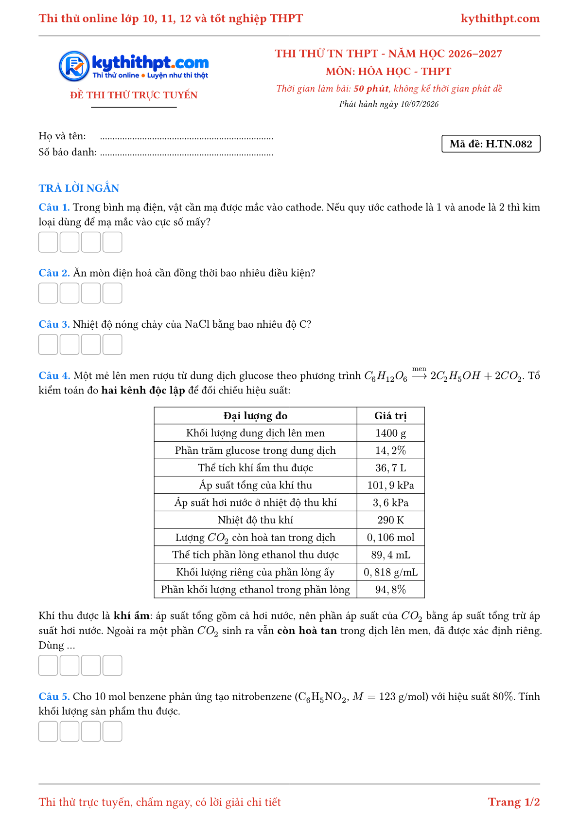 Trang đầu Đề thi thử online tốt nghiệp THPT môn Hóa học - ôn luyện trả lời ngắn - đề 082