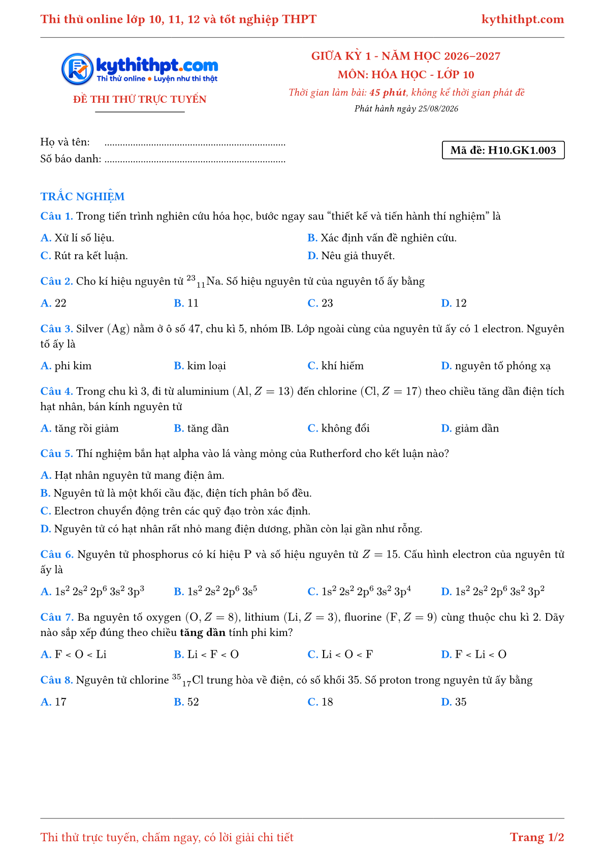 Trang đầu Đề thi thử online giữa kỳ 1 môn Hóa học lớp 10 - full trắc nghiệm - đề 003