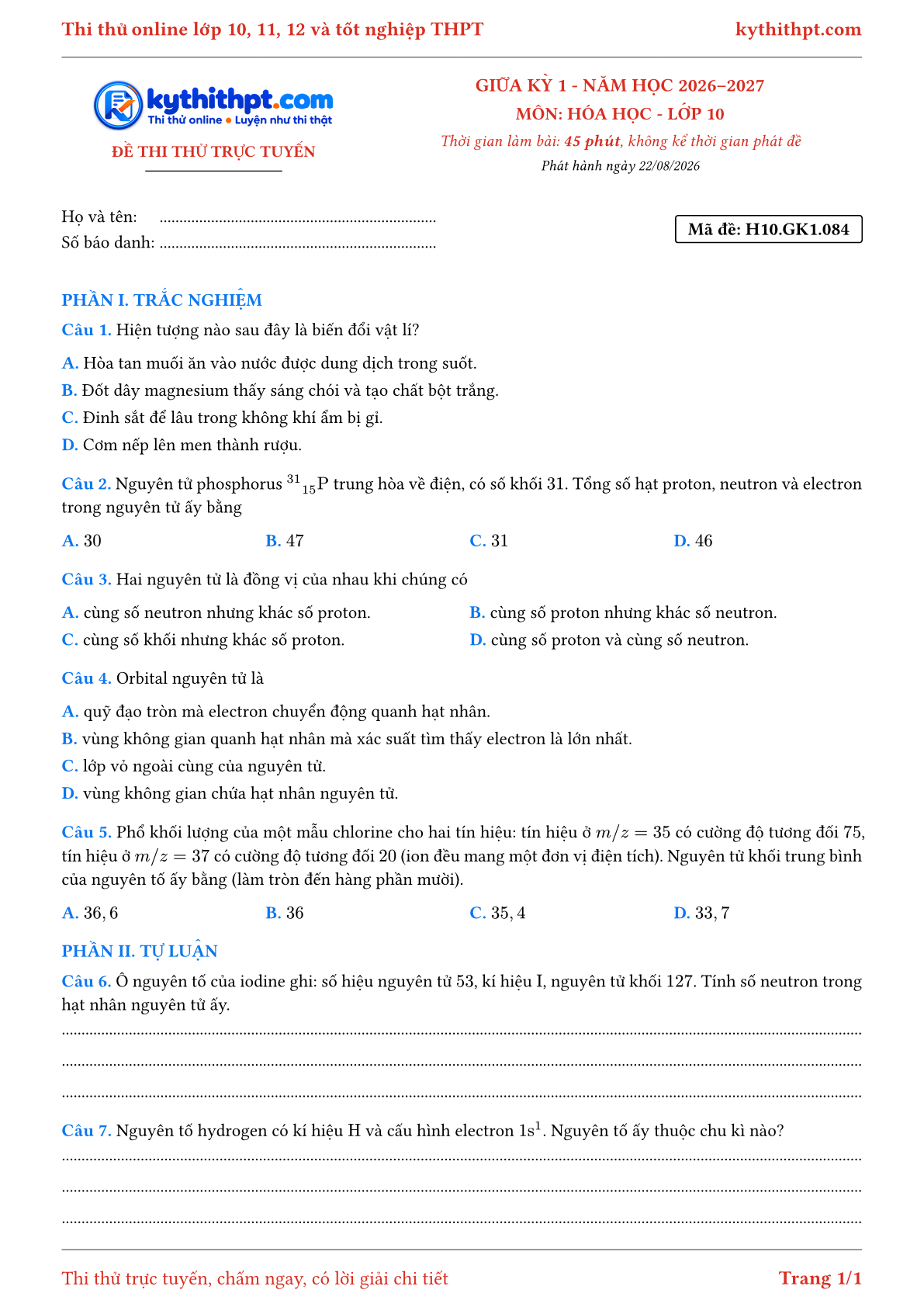 Trang đầu Đề thi thử online giữa kỳ 1 môn Hóa học lớp 10 - trắc nghiệm + tự luận - đề 087