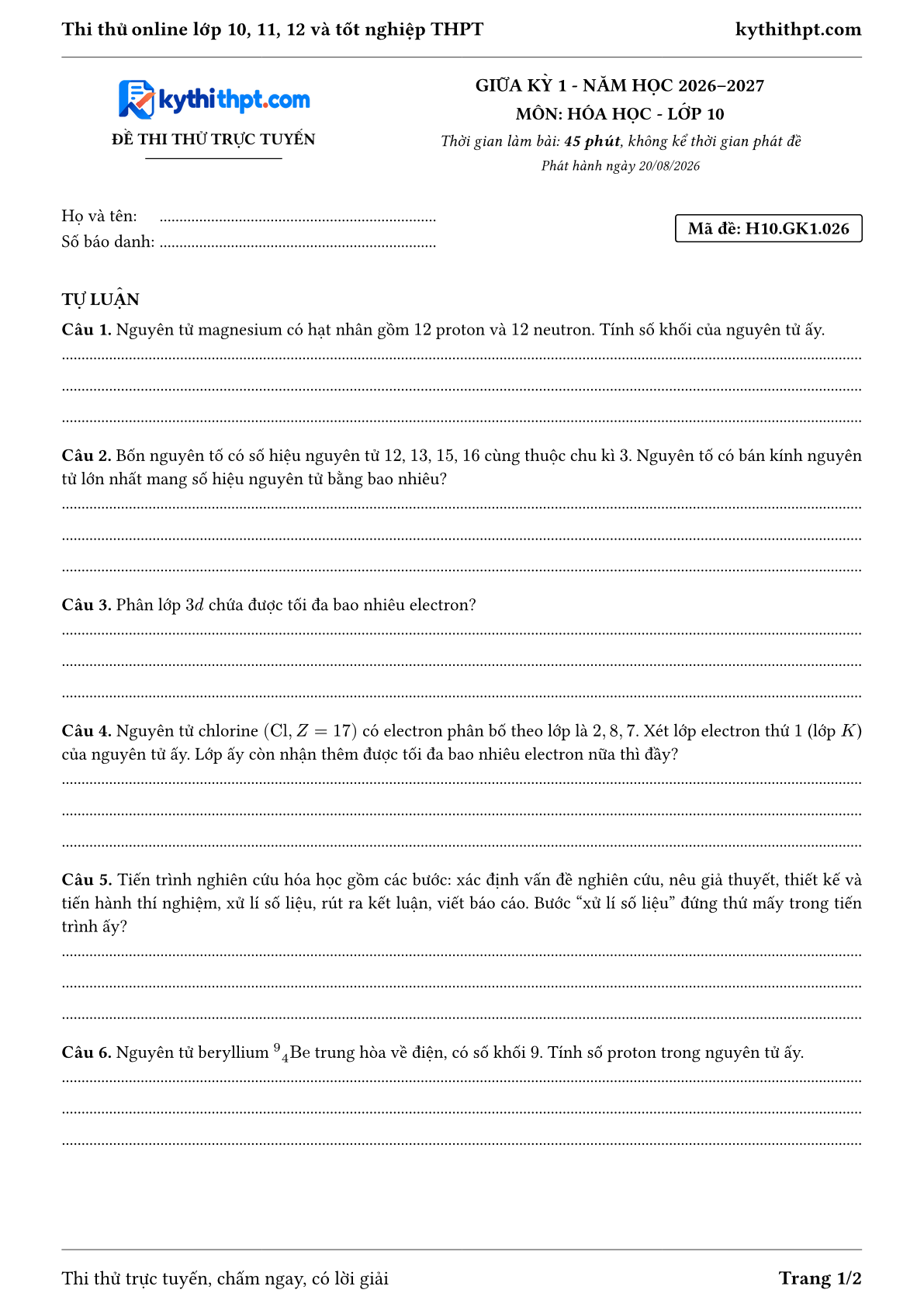 Trang đầu Đề thi thử online giữa kỳ 1 môn Hóa học lớp 10 - full tự luận - đề 026