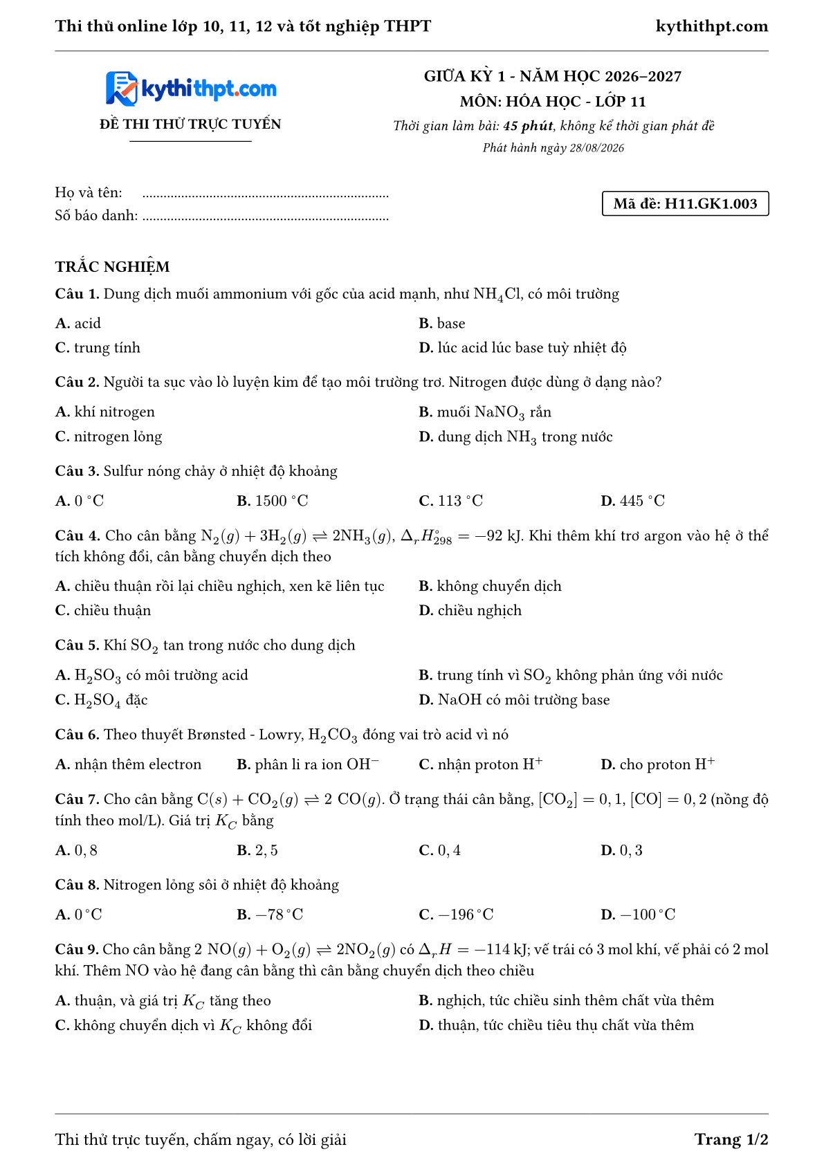 Trang đầu Đề thi thử online giữa kỳ 1 môn Hóa học lớp 11 - full trắc nghiệm - đề 003