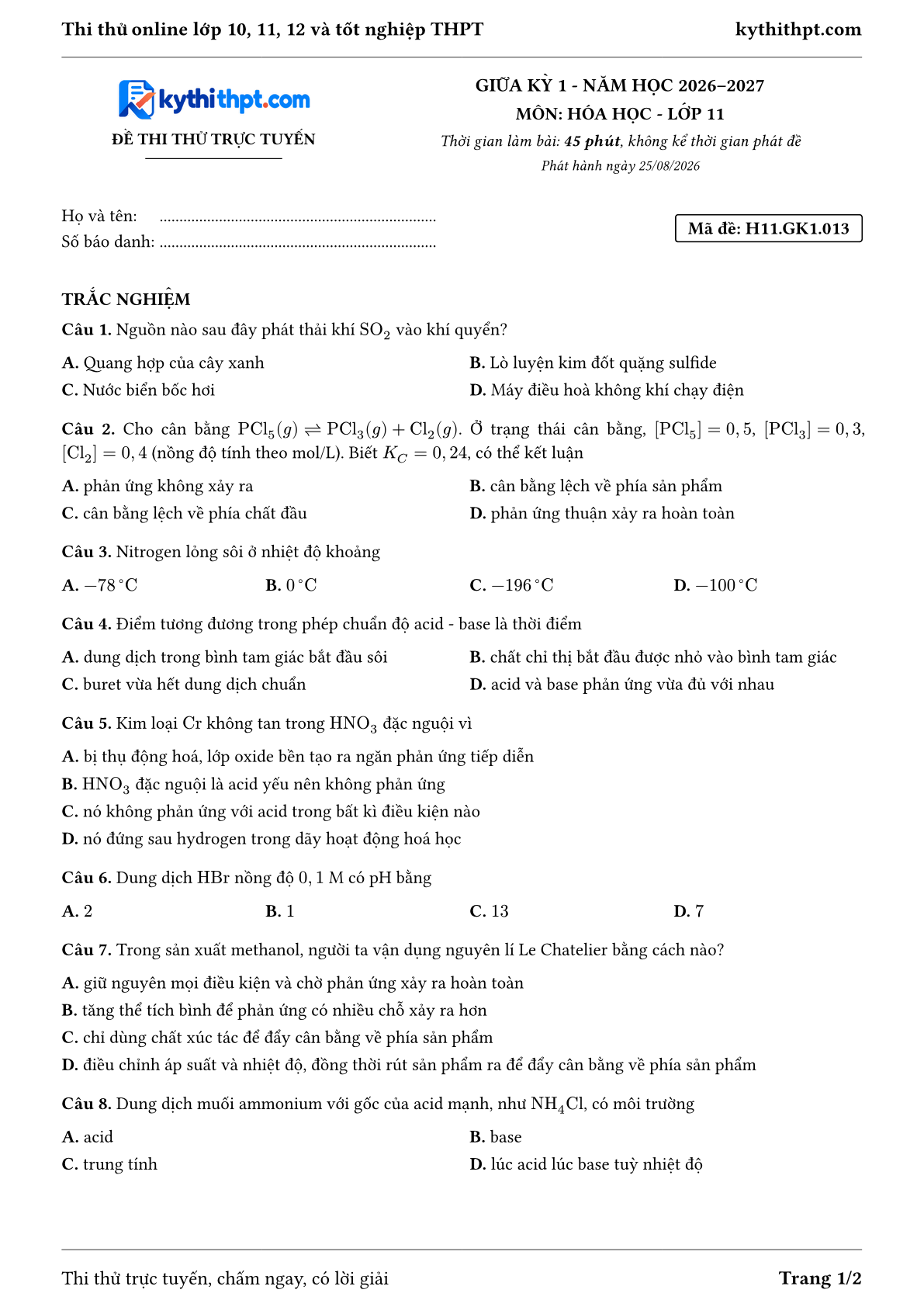 Trang đầu Đề thi thử online giữa kỳ 1 môn Hóa học lớp 11 - trắc nghiệm + trả lời ngắn + tự luận - đề 013