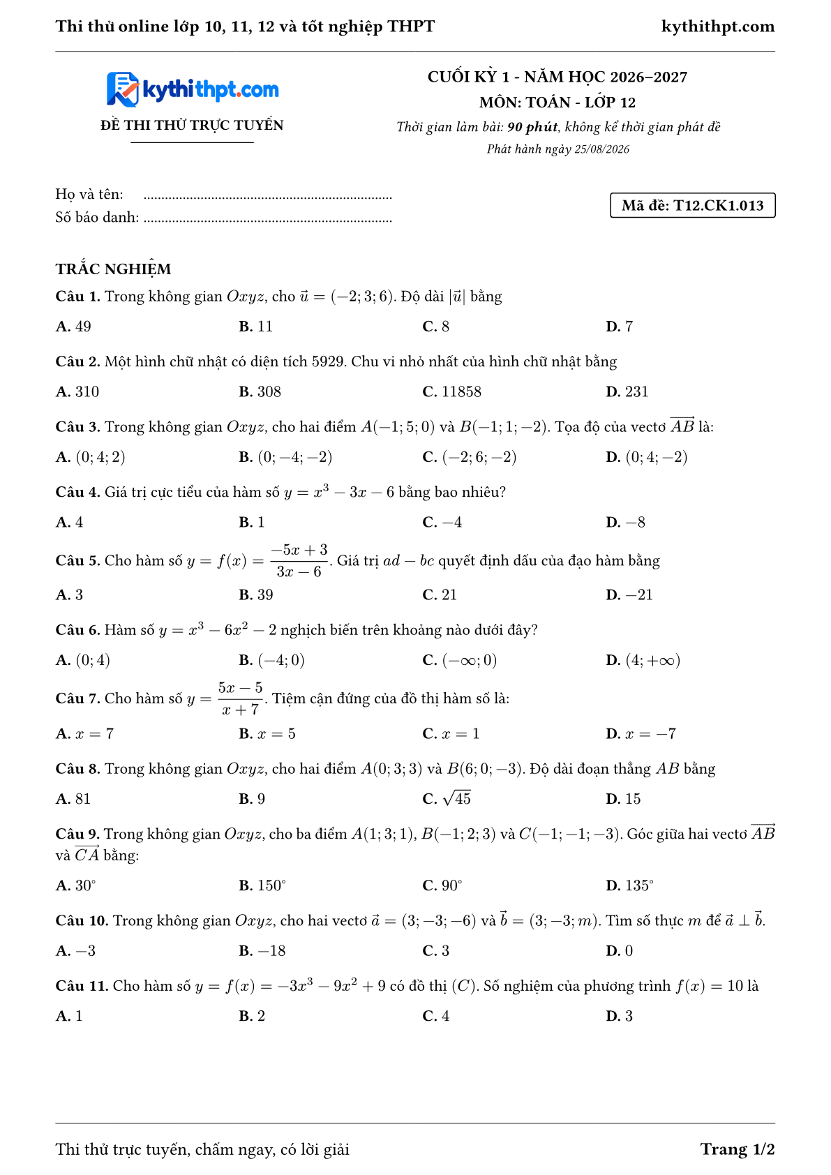 Trang đầu Đề thi thử online cuối kỳ 1 môn Toán lớp 12 - trắc nghiệm + đúng/sai + trả lời ngắn - đề 013