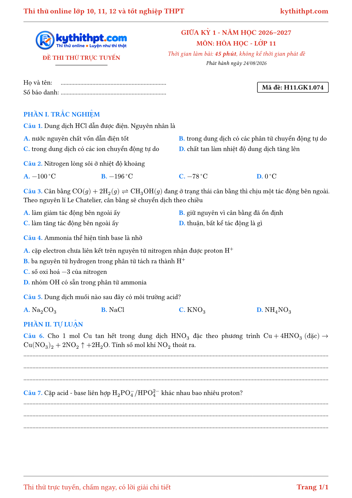 Trang đầu Đề thi thử online giữa kỳ 1 môn Hóa học lớp 11 - trắc nghiệm + tự luận - đề 076
