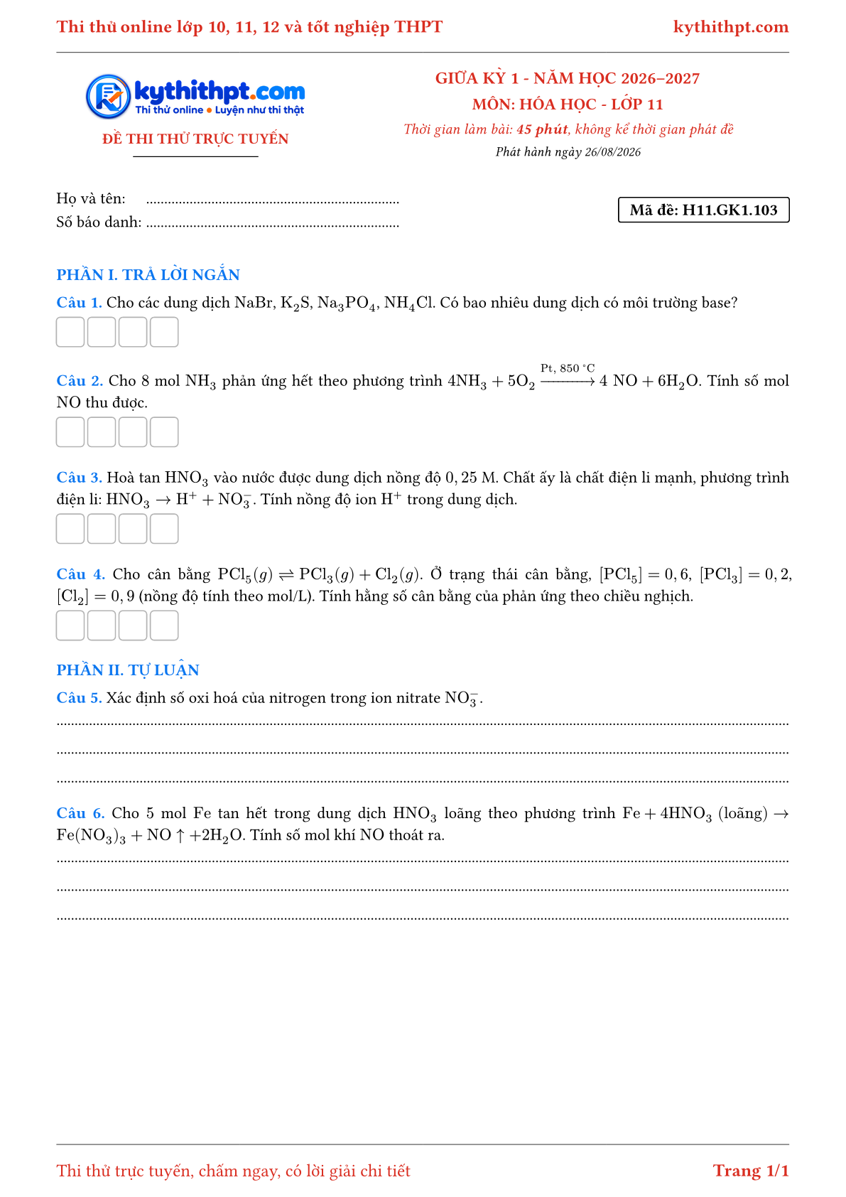 Trang đầu Đề thi thử online giữa kỳ 1 môn Hóa học lớp 11 - trả lời ngắn + tự luận - đề 105