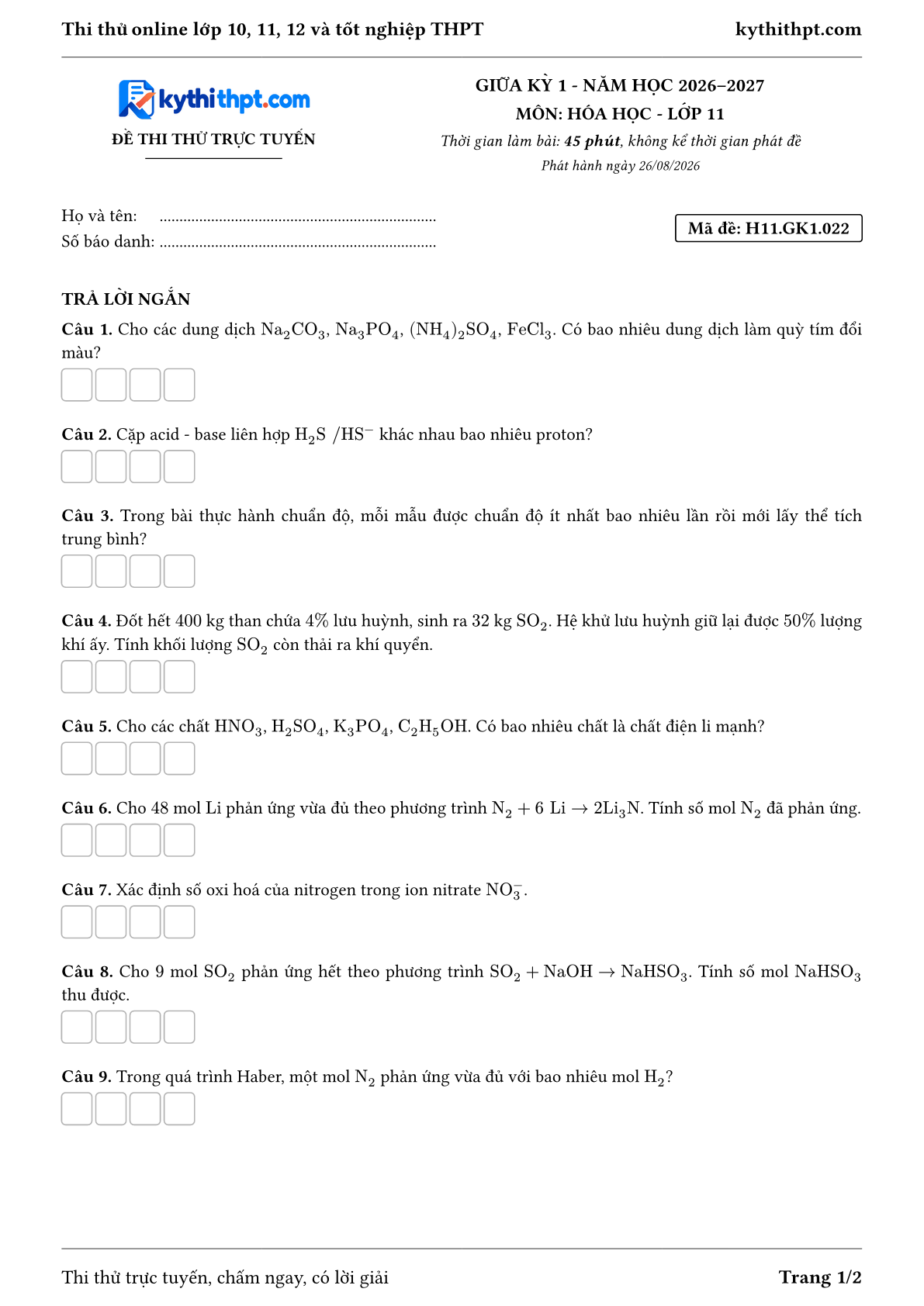 Trang đầu Đề thi thử online giữa kỳ 1 môn Hóa học lớp 11 - full trả lời ngắn - đề 022