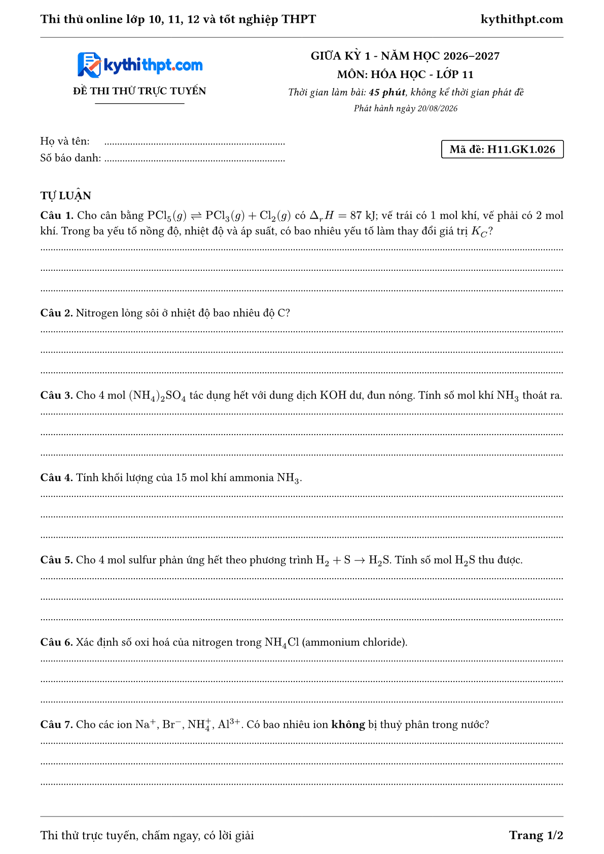 Trang đầu Đề thi thử online giữa kỳ 1 môn Hóa học lớp 11 - full tự luận - đề 026