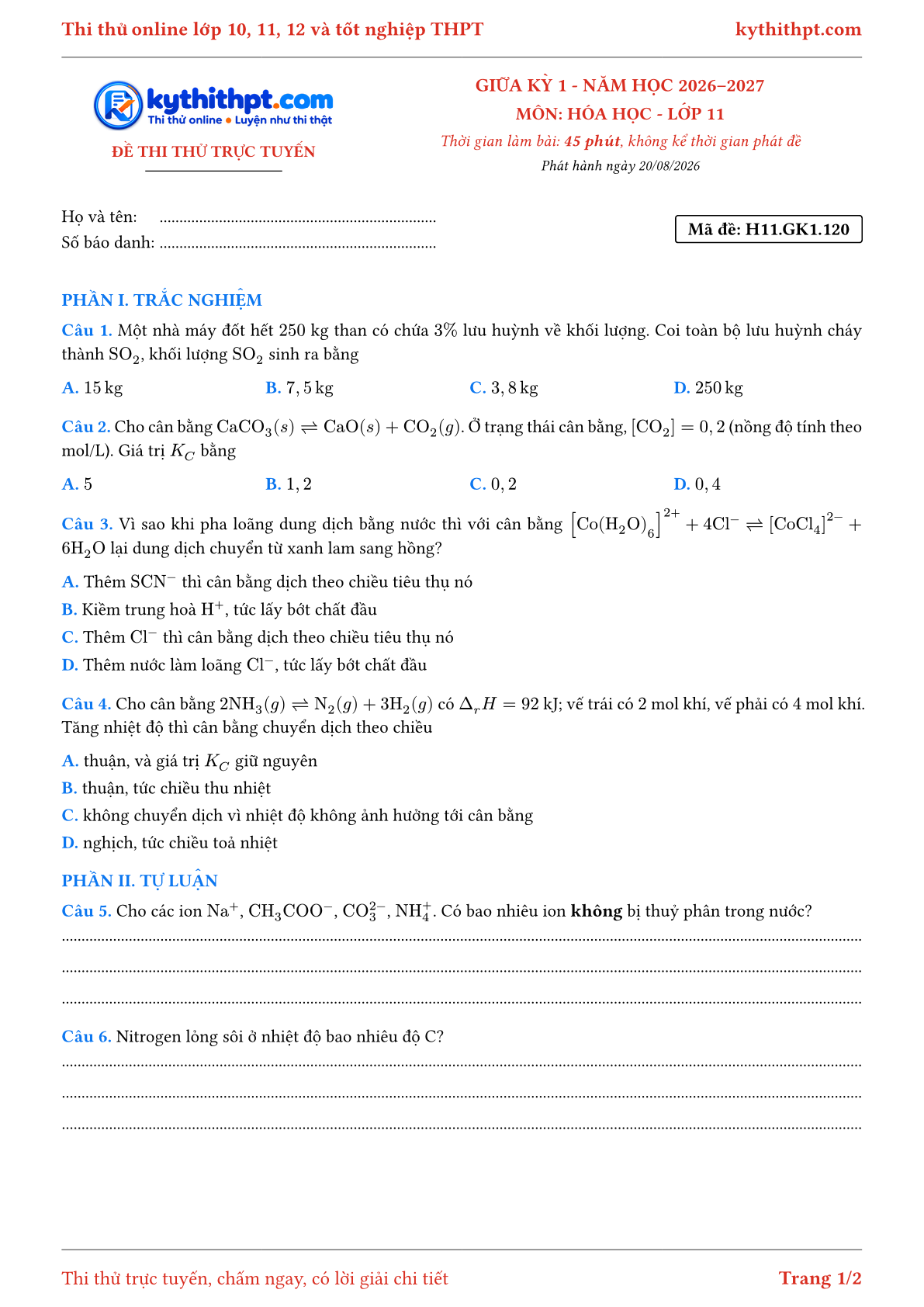Trang đầu Đề thi thử online giữa kỳ 1 môn Hóa học lớp 11 - trắc nghiệm + tự luận nâng cao - đề 123