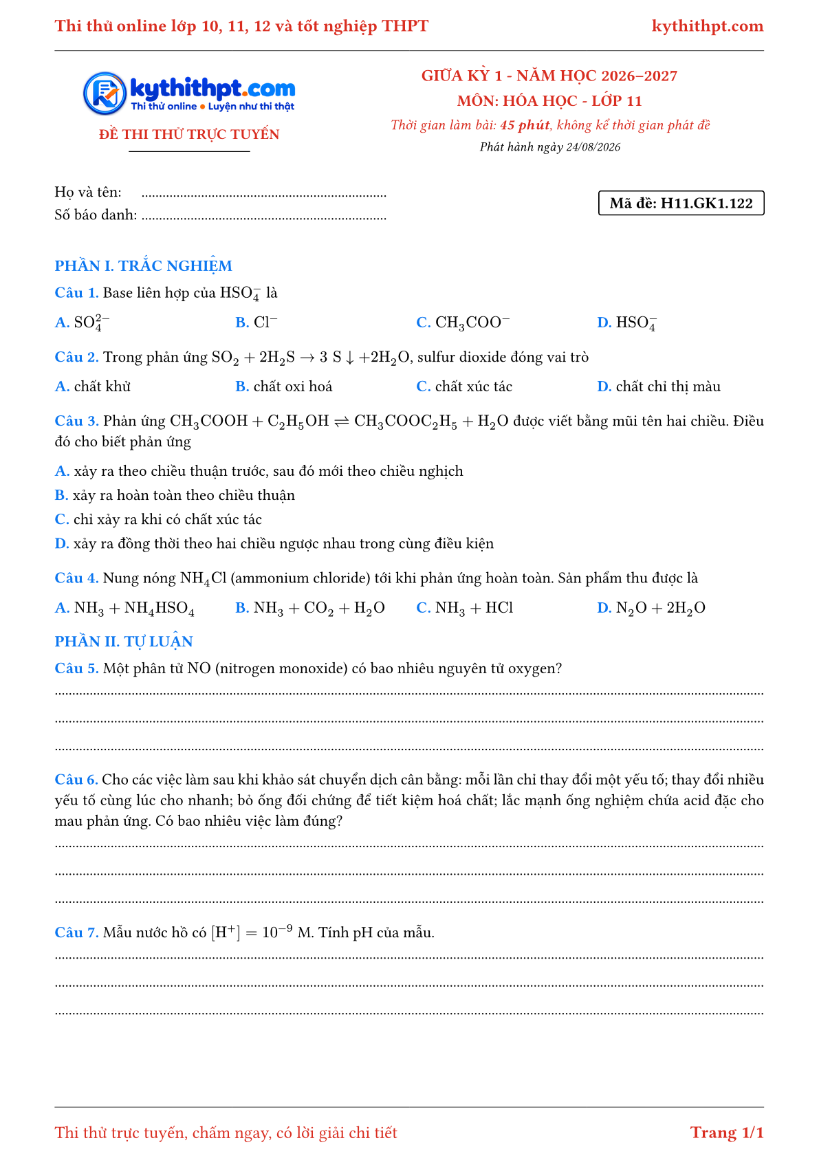 Trang đầu Đề thi thử online giữa kỳ 1 môn Hóa học lớp 11 - trắc nghiệm + tự luận nâng cao - đề 125