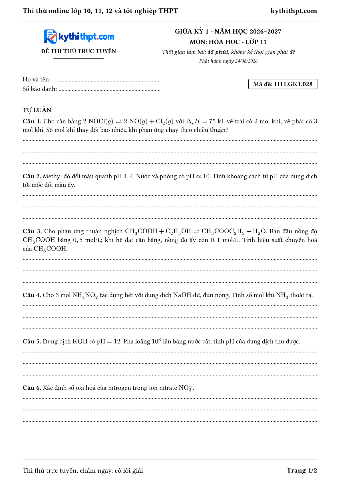 Trang đầu Đề thi thử online giữa kỳ 1 môn Hóa học lớp 11 - full tự luận - đề 028