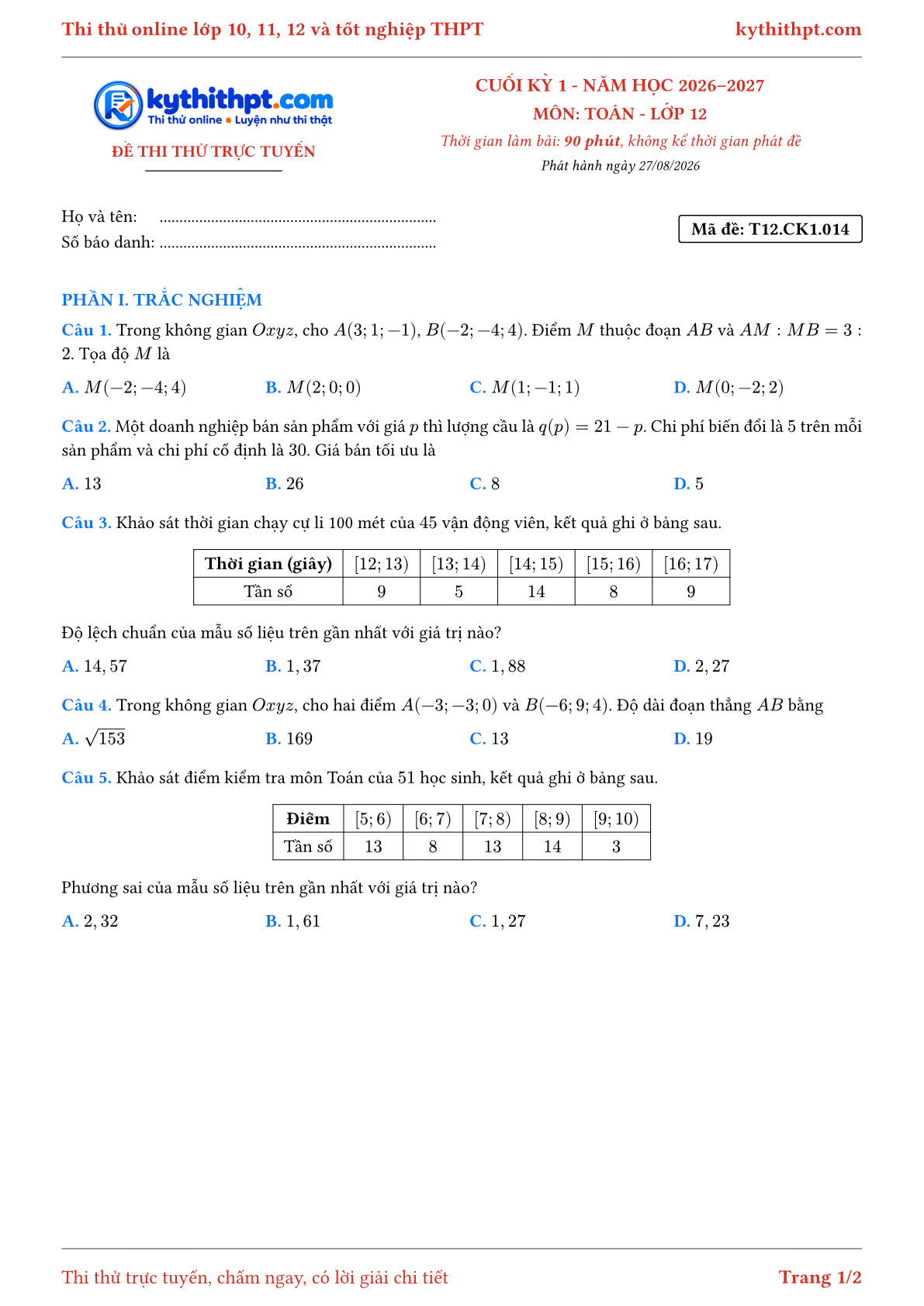 Trang đầu Đề thi thử online cuối kỳ 1 môn Toán lớp 12 - trắc nghiệm + trả lời ngắn - đề 014