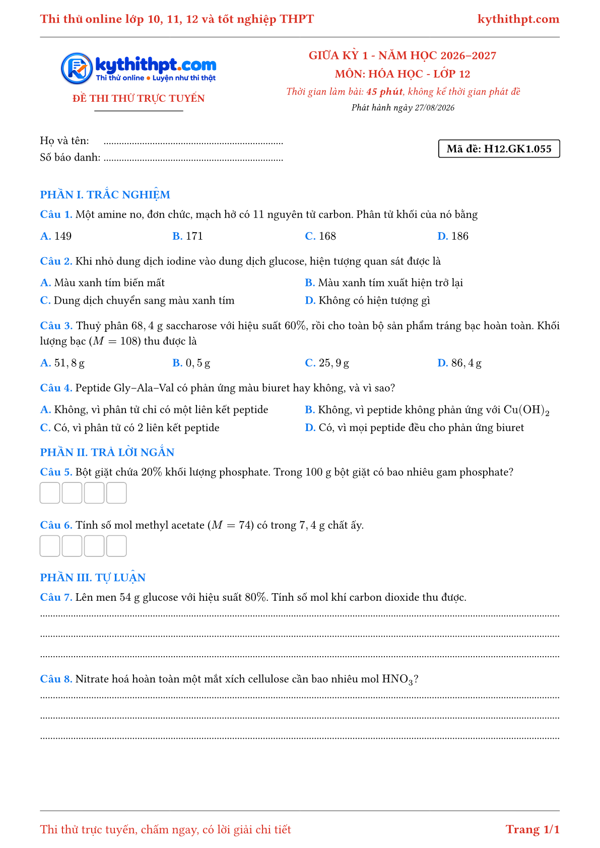 Trang đầu Đề thi thử online giữa kỳ 1 môn Hóa học lớp 12 - trắc nghiệm + trả lời ngắn + tự luận - đề 056