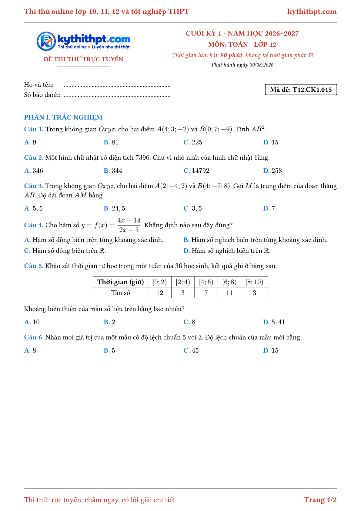 Trang đầu Đề thi thử online cuối kỳ 1 môn Toán lớp 12 - trắc nghiệm + trả lời ngắn - đề 015