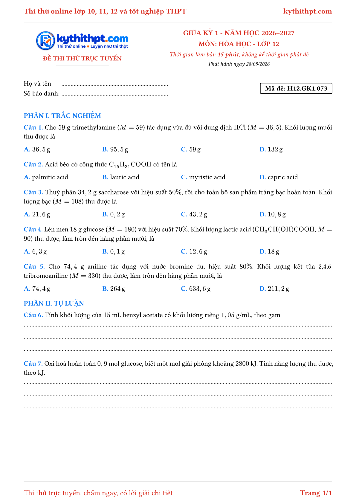Trang đầu Đề thi thử online giữa kỳ 1 môn Hóa học lớp 12 - trắc nghiệm + tự luận - đề 075